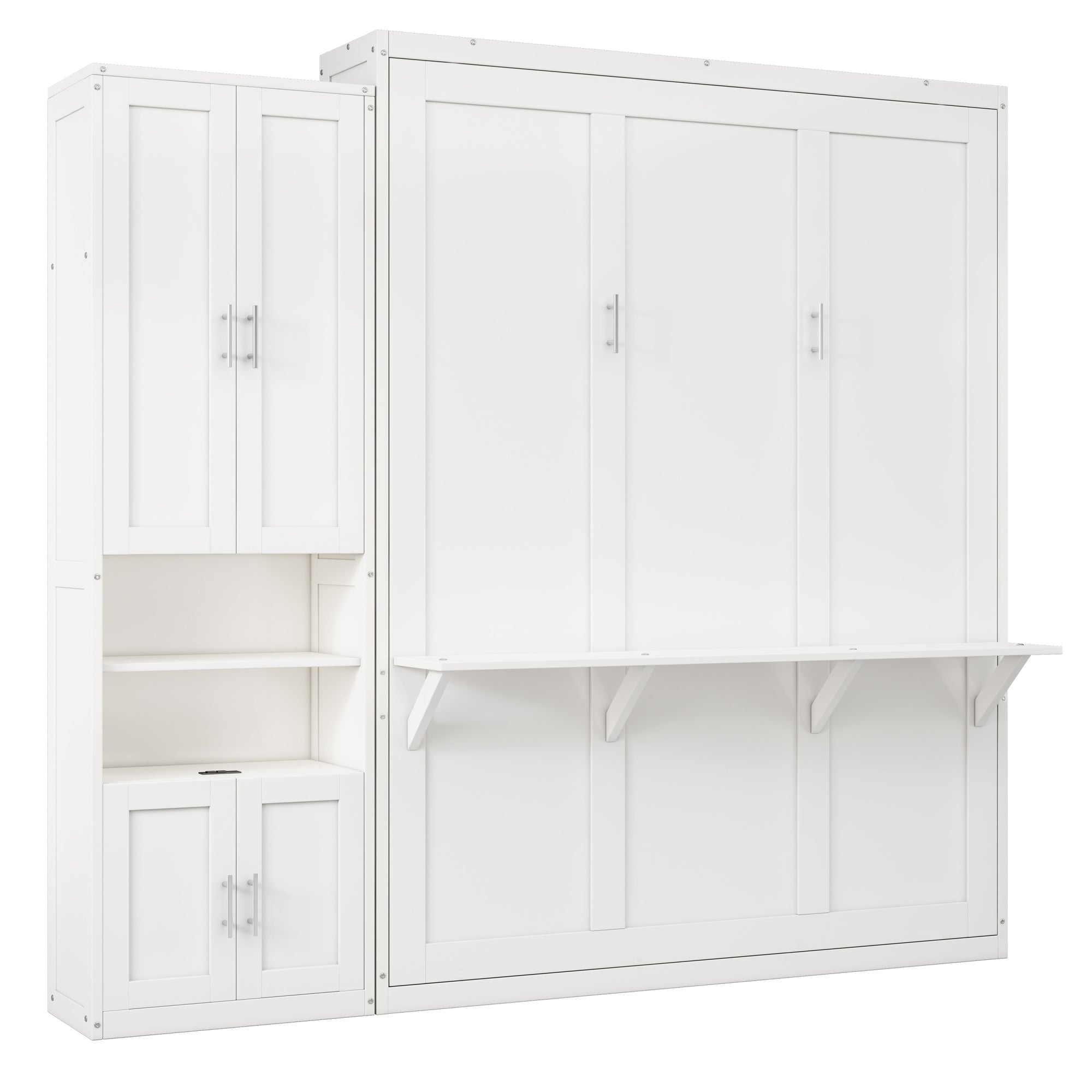 White Queen Size Murphy Bed with Cabinet, Desk, and Side Cabinet