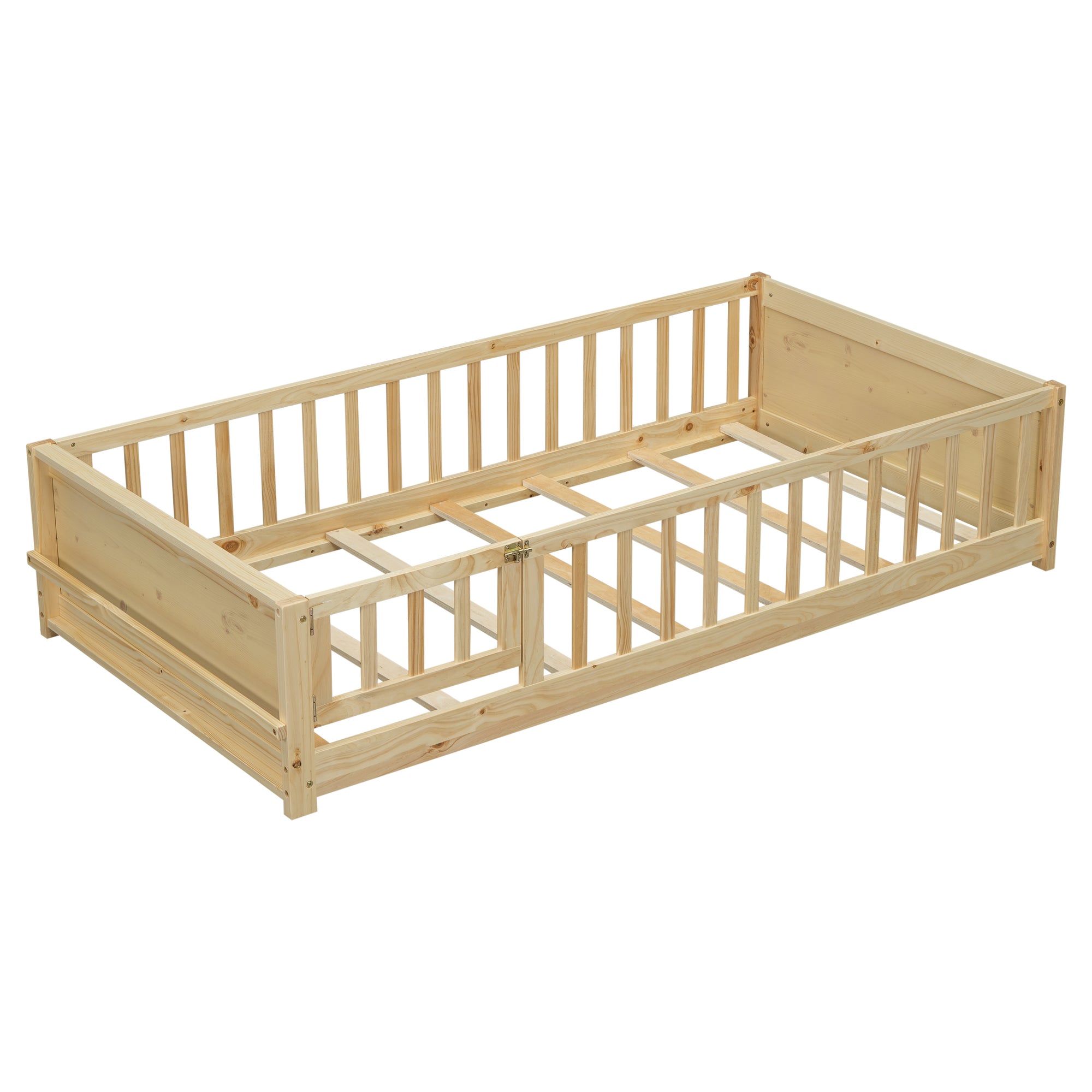 Natural Finish Twin Size Toddler Floor Platform Bed with Built-in Book Storage Rack and Door