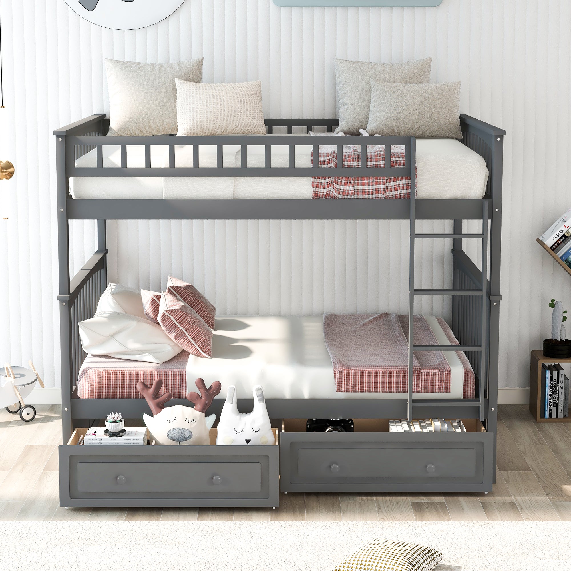 Full Over Full Bunk Bed with Drawers and Convertible Functionality Made of Pine Wood In Gray