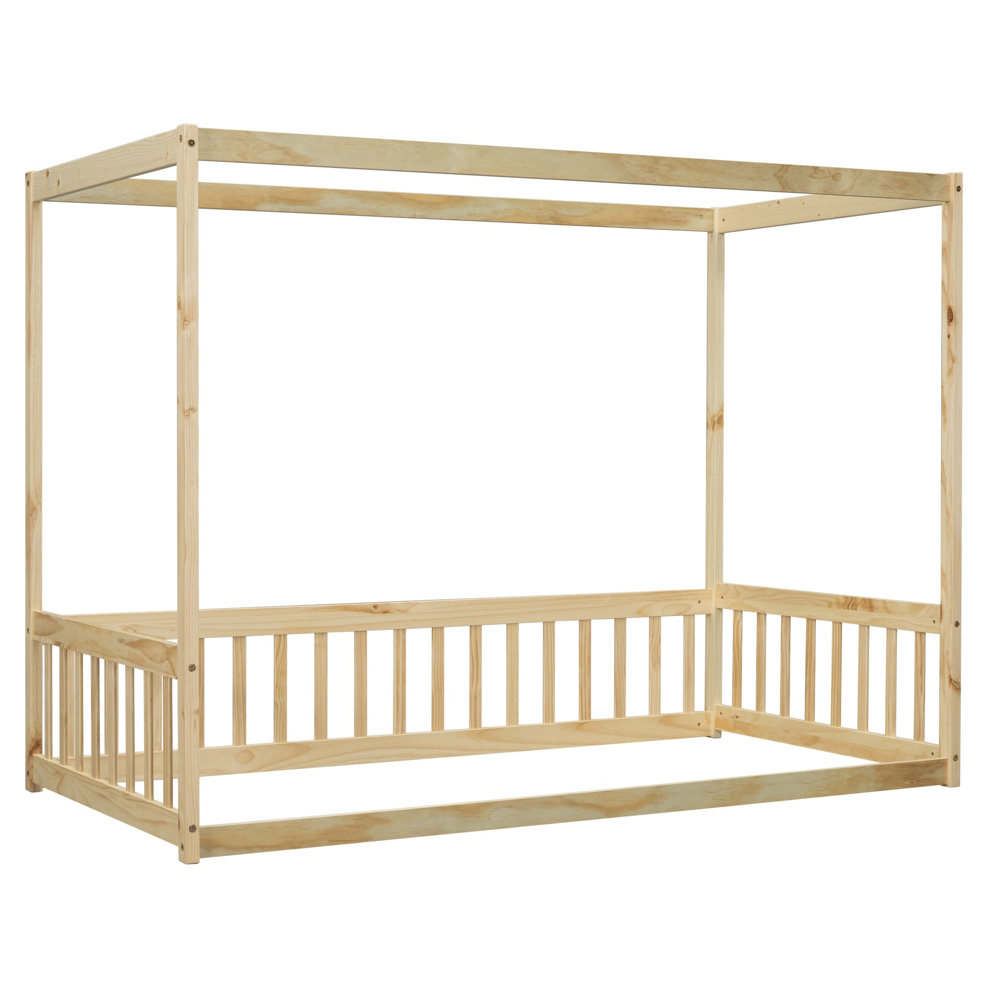 Natural Tone Twin Size Canopy Frame Floor Bed with Guardrails