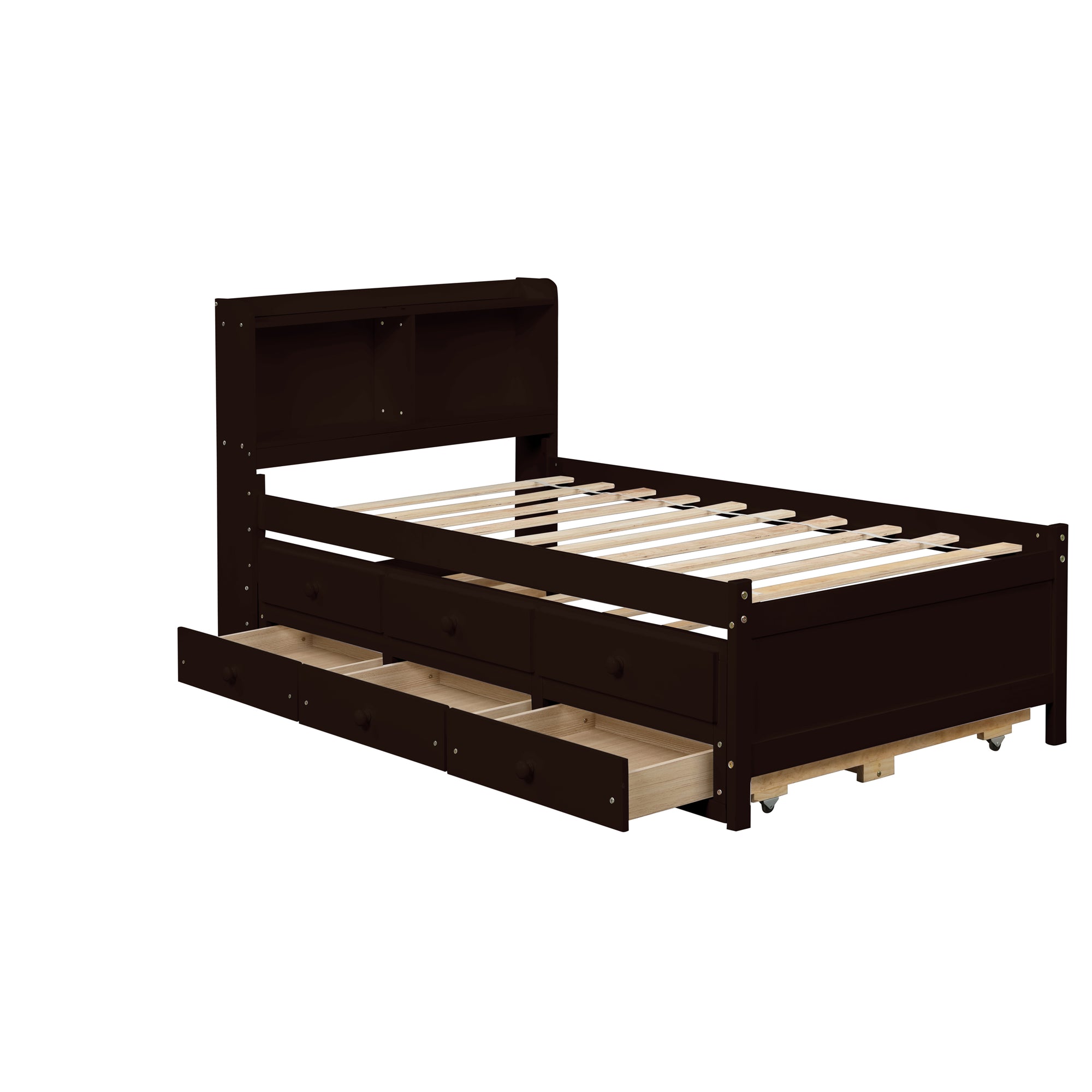 Twin Size Bed with Storage Integrated Headboard, Trundle & Drawers in Espresso