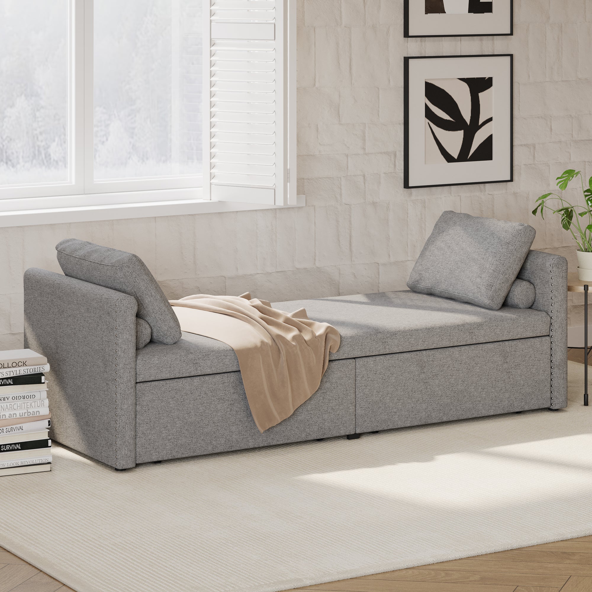 Gray Modern Linen Upholstered Chaise Lounger Daybed