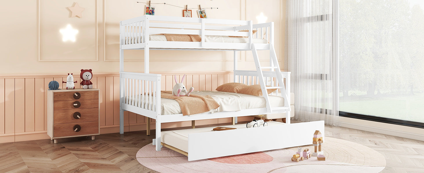 White Twin Over Full Rubber Wood Bunk Bed with Trundle, Detachable Ladder, and Guardrails