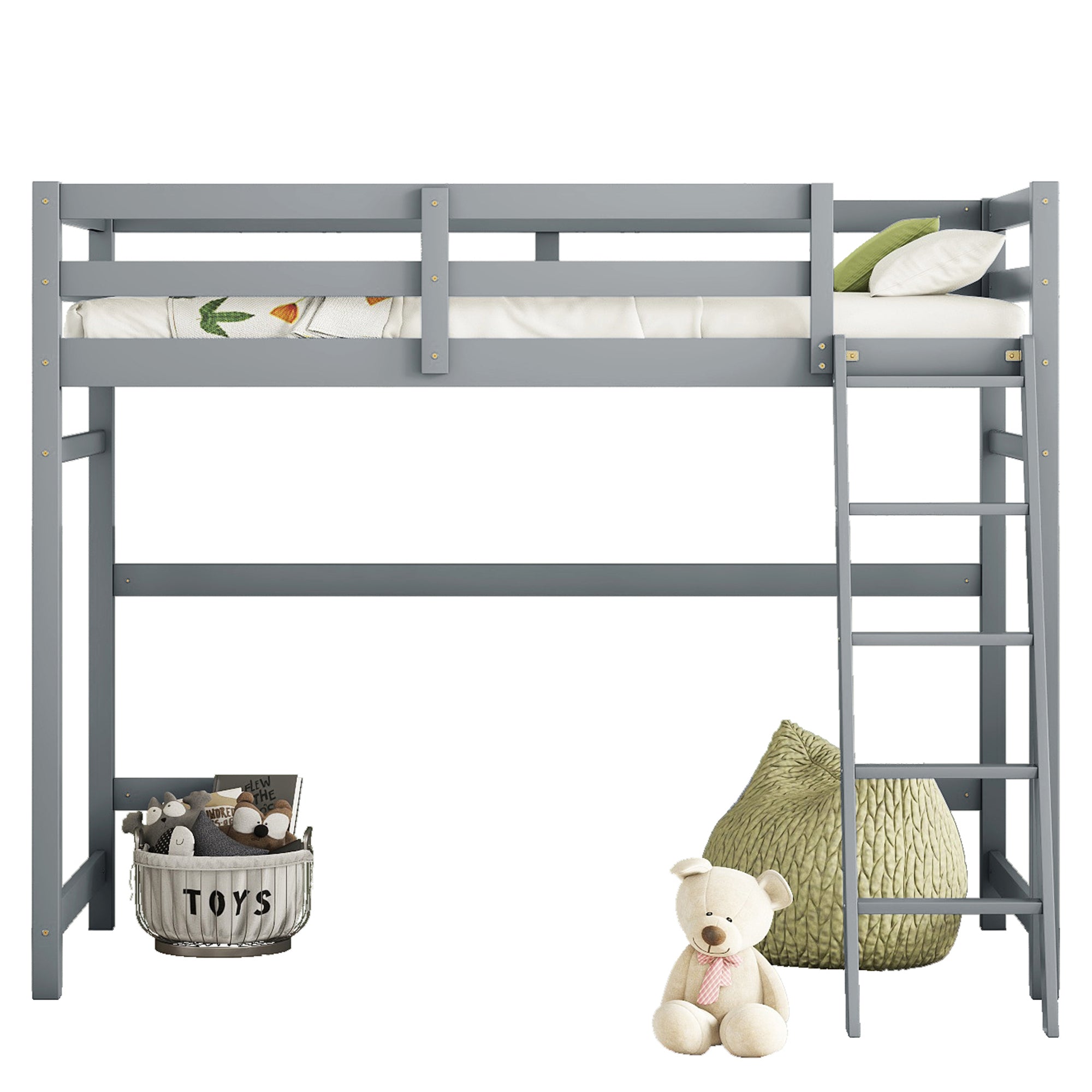 Gray Twin Size High Loft Bed with Inclined Ladder and Guardrails