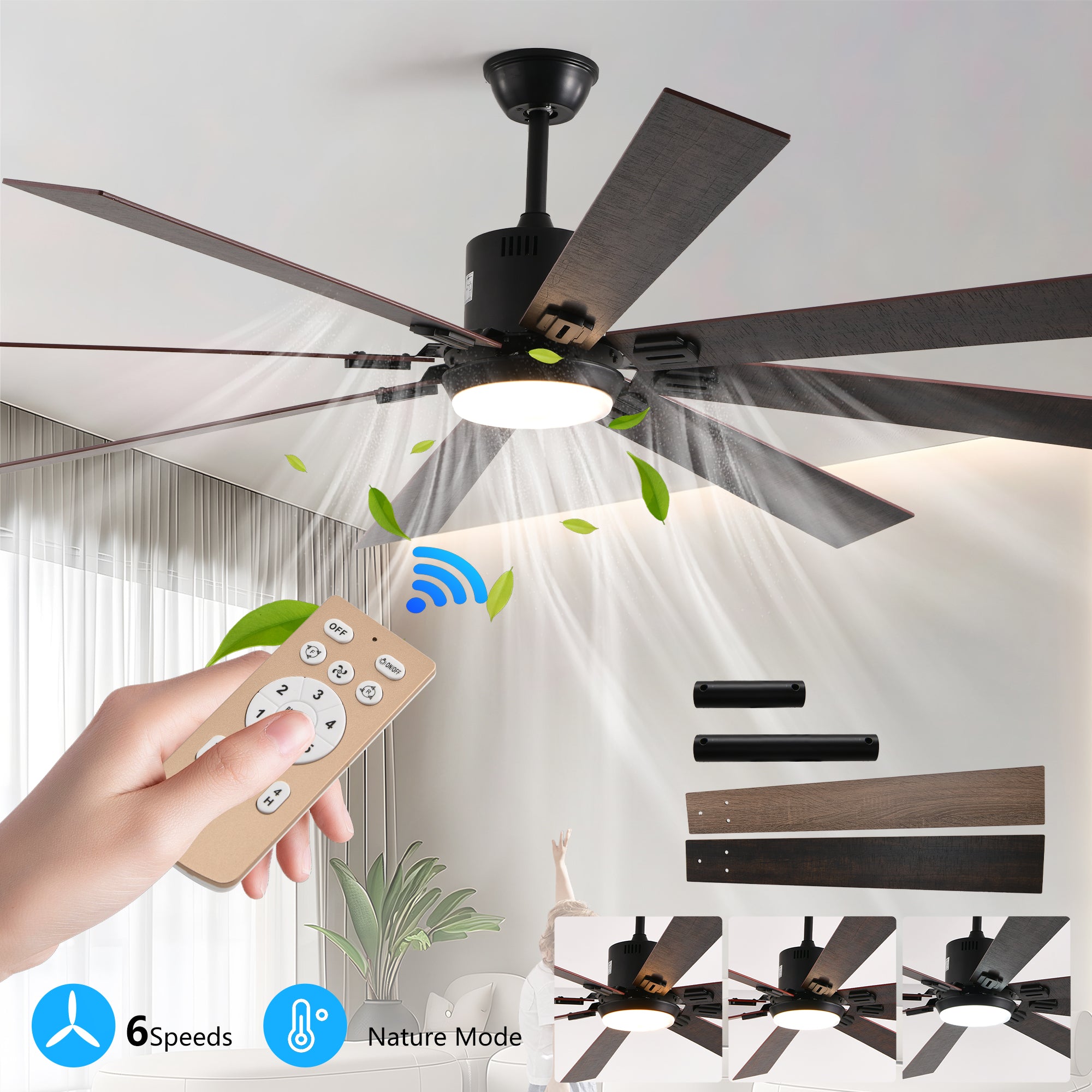 Walnut LED Ceiling Fan Light with 8 Wooden Blades