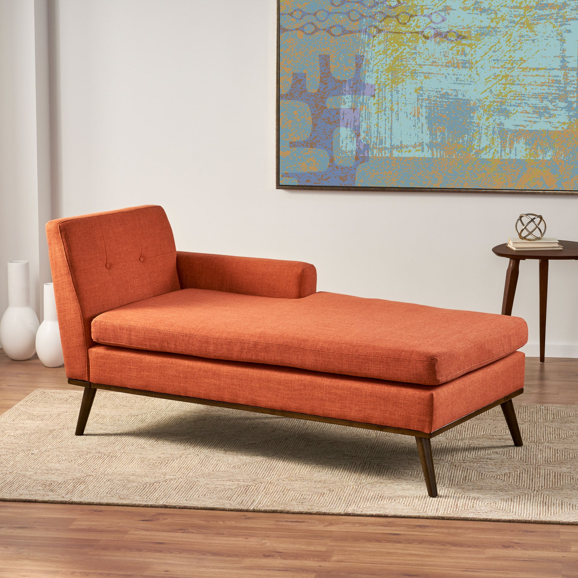 Modern Orange Chaise Lounge with Walnut Legs