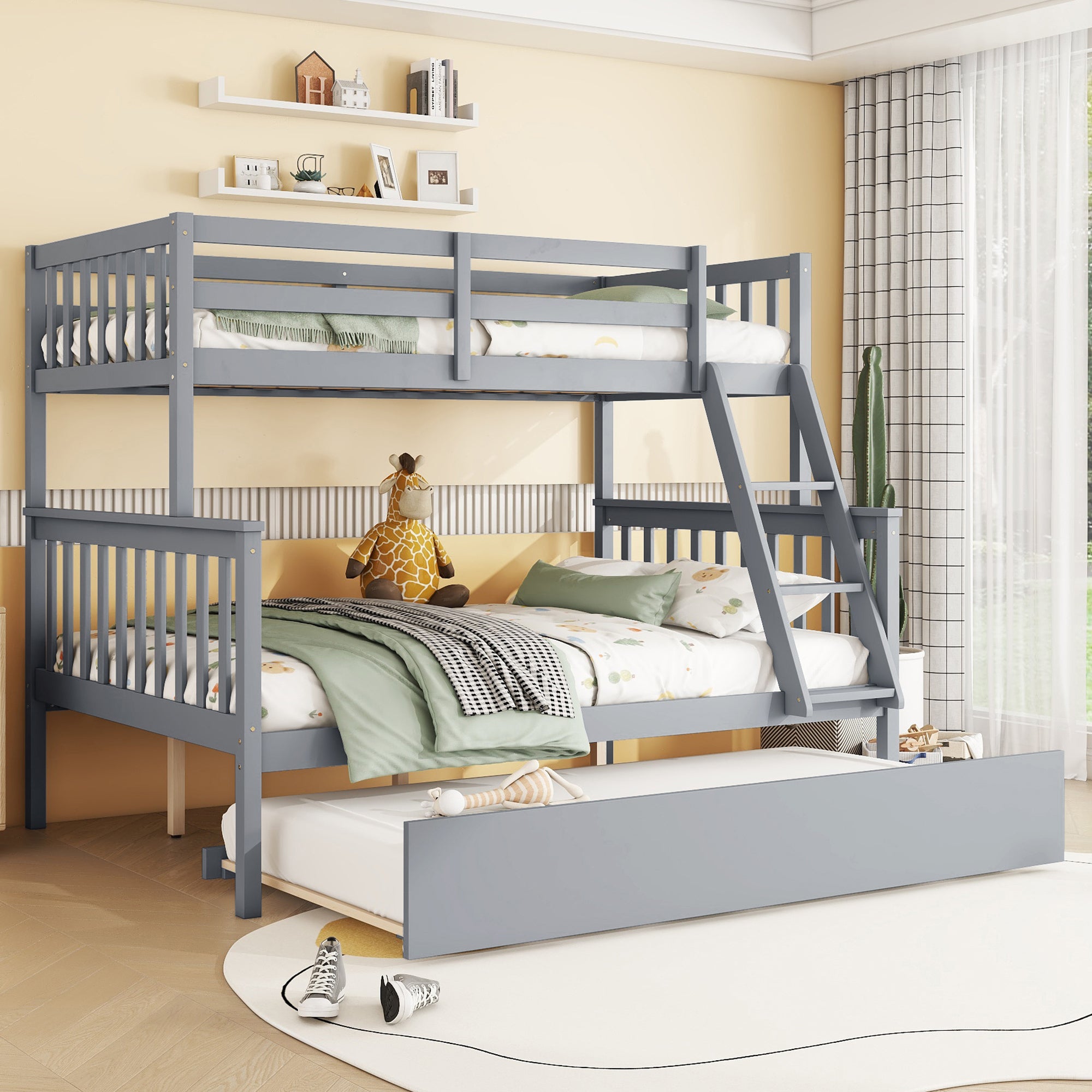 Convertible Gray Twin Over Full Rubber Wood Bunk Bed with Trundle