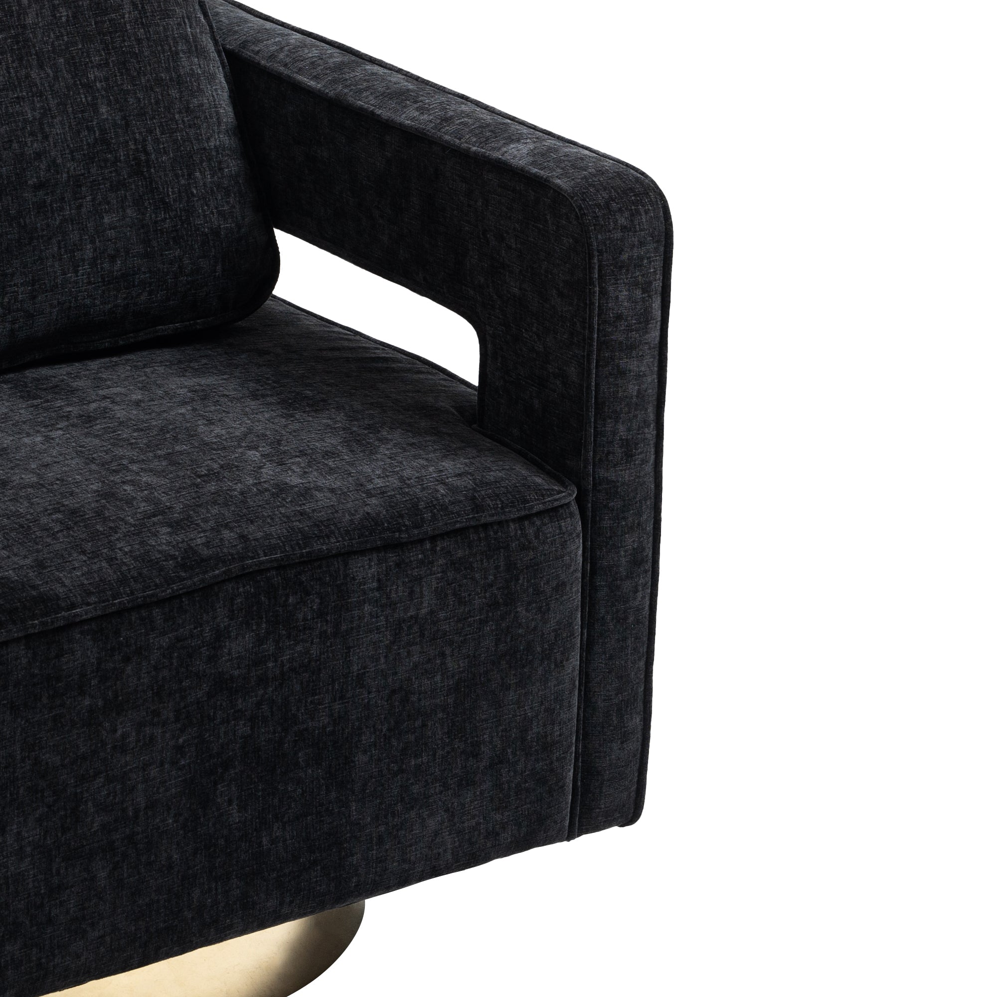 Open Back Black Chenille Swivel Accent Chair With Gold Stainless Steel Base