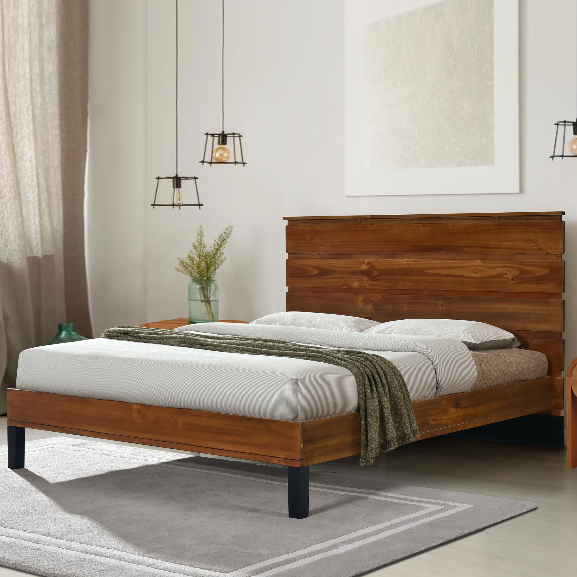 Mid-Century Modern King Bed with Unique Six-Piece Headboard and Natural Wood Grain