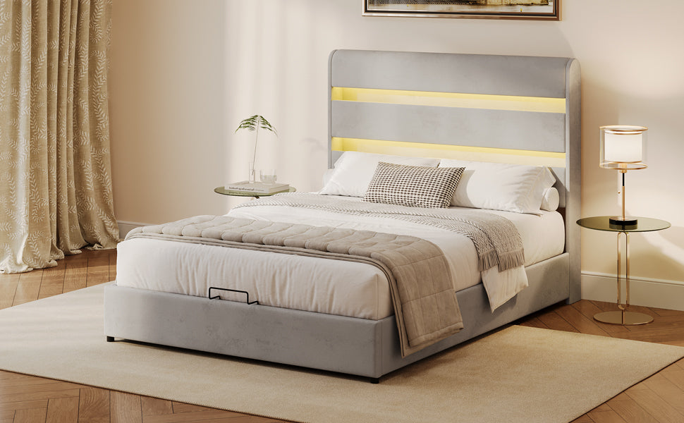 Gray Velvet Queen Hydraulic Storage Bed with LED Lights