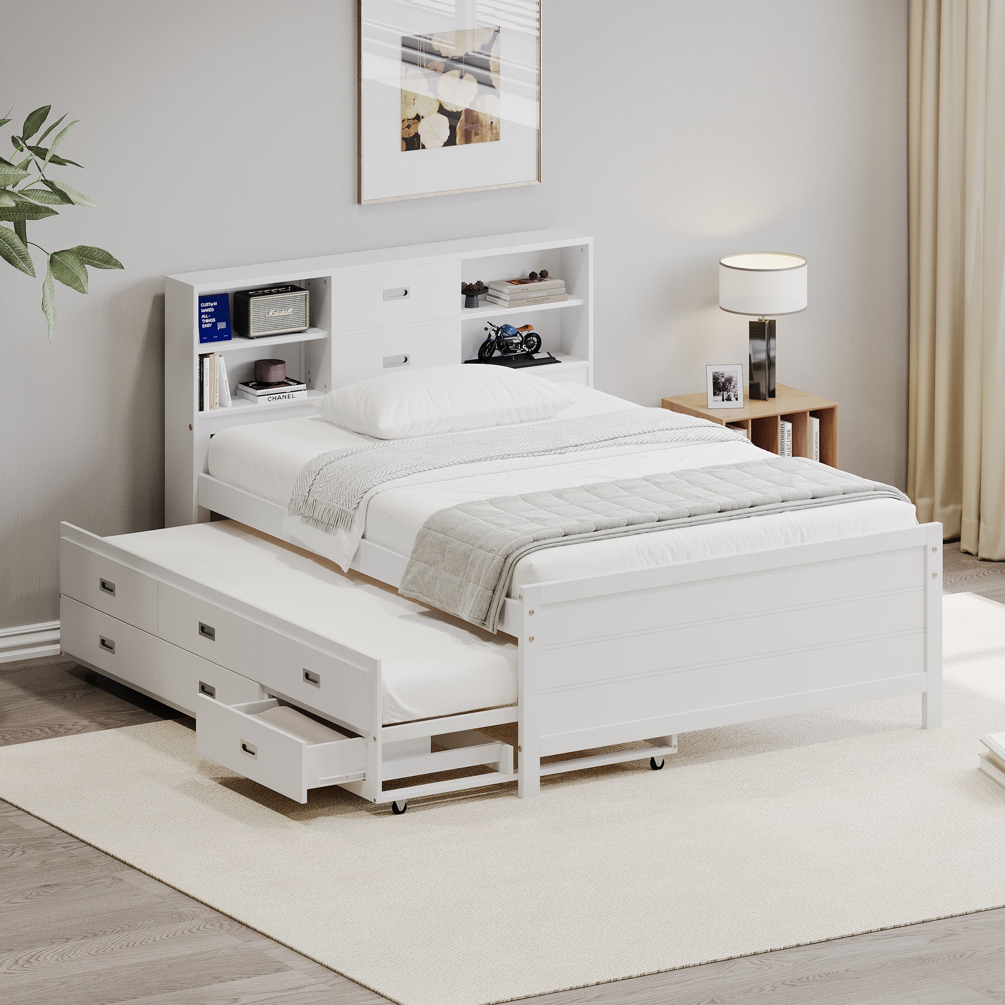 White Twin Size Trundle Bed with Drawers