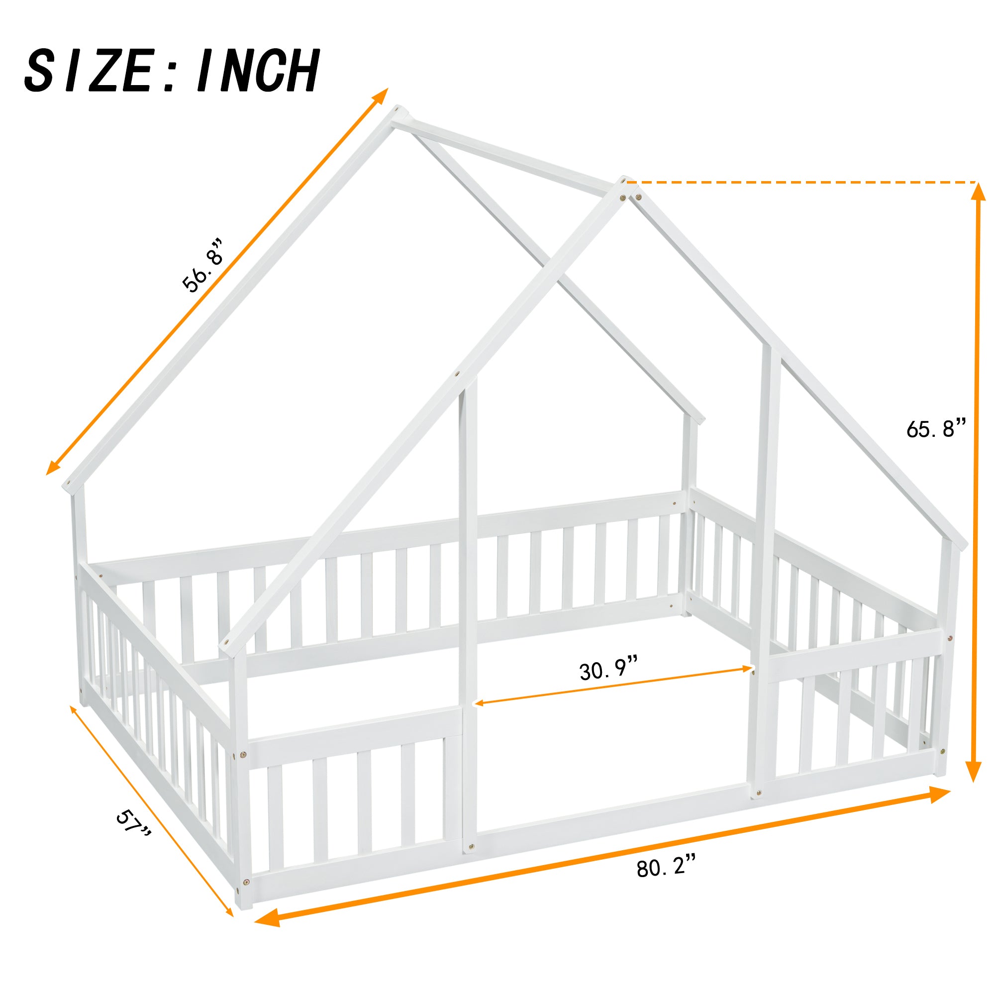 White Full Wood House-Shaped Toddler Floor Bed with Fence and Guardrails