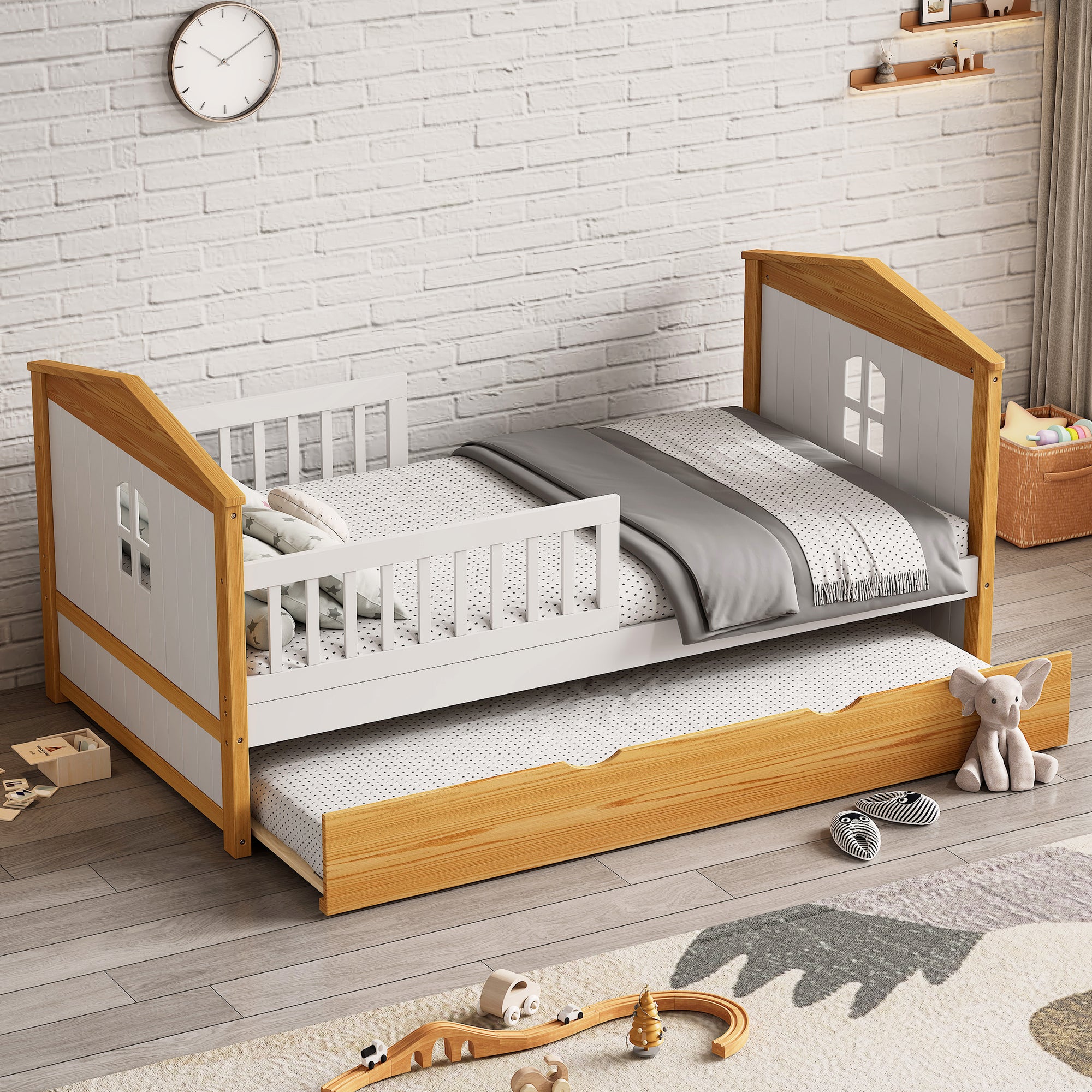 Twin House Bed with Trundle and Fence Guardrails