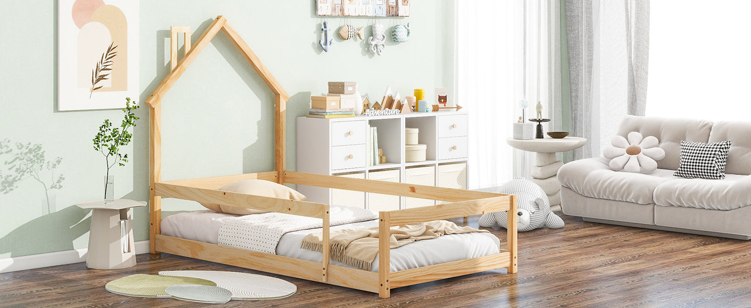 Natural Tone Twin Size Wood Toddler Floor Bed with House-Shaped Headboard & Fences