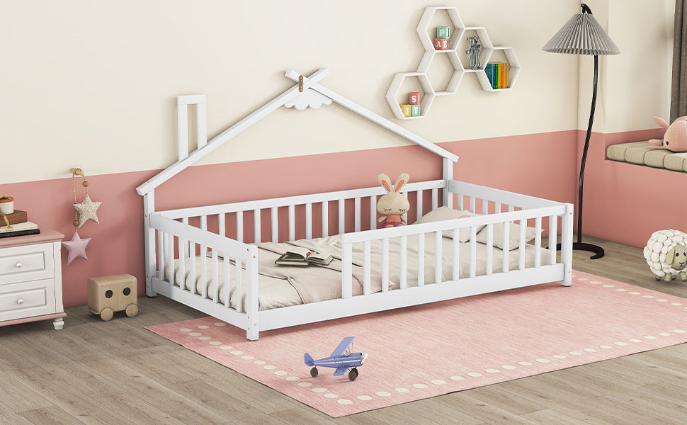 Twin House-Shaped Toddler Floor Bed with Guardrails and Slats