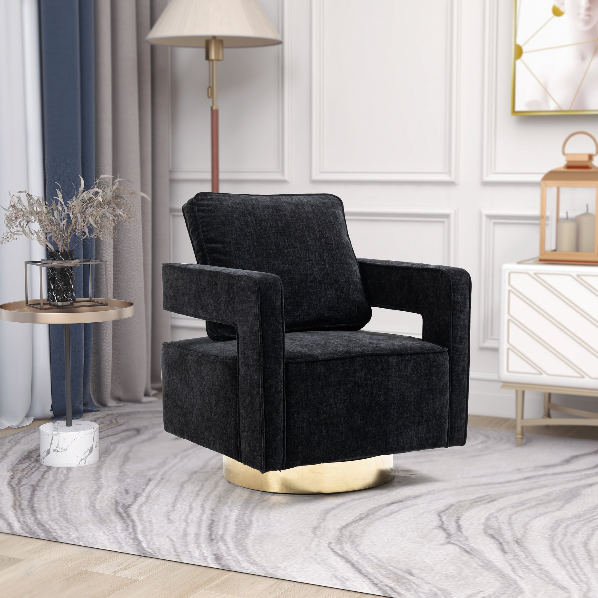 Open Back Black Chenille Swivel Accent Chair With Gold Stainless Steel Base