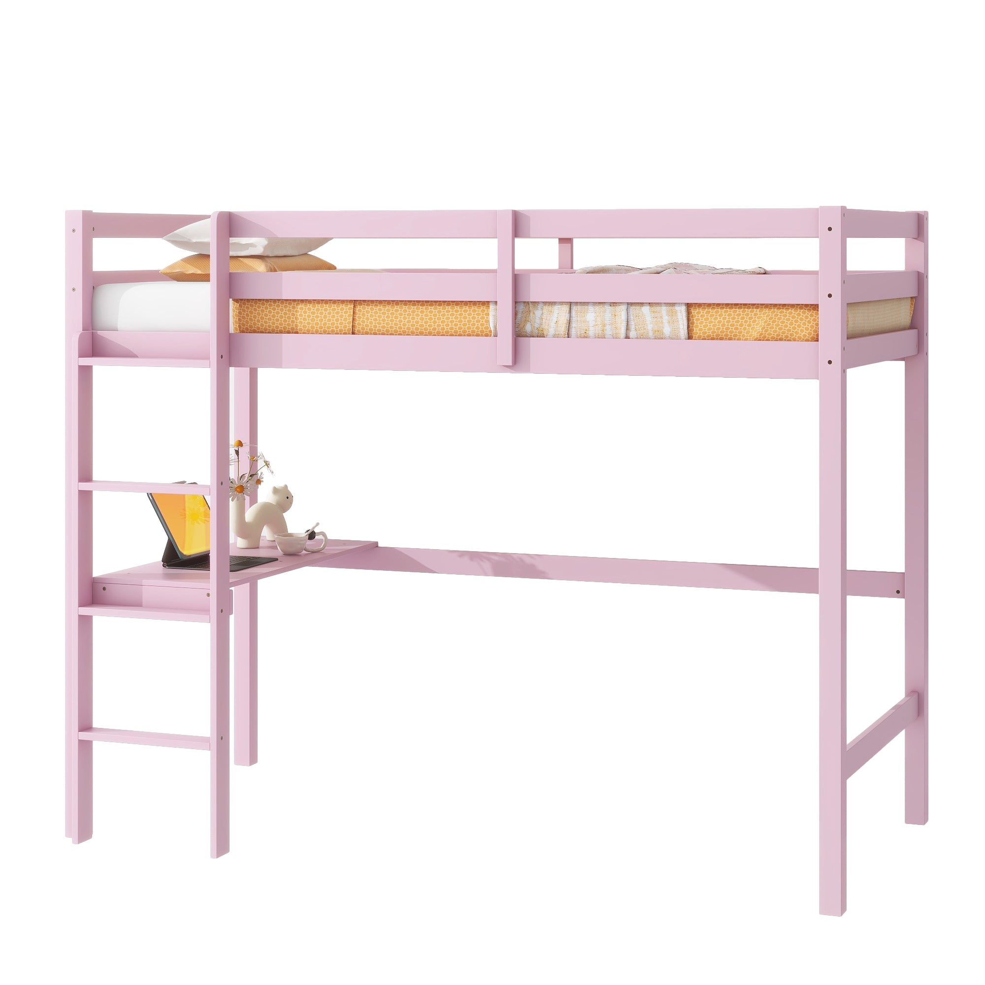 Pink Twin High Loft Bed with Built-in Desk, Rubber Wood Frame, and Safety Guardrail