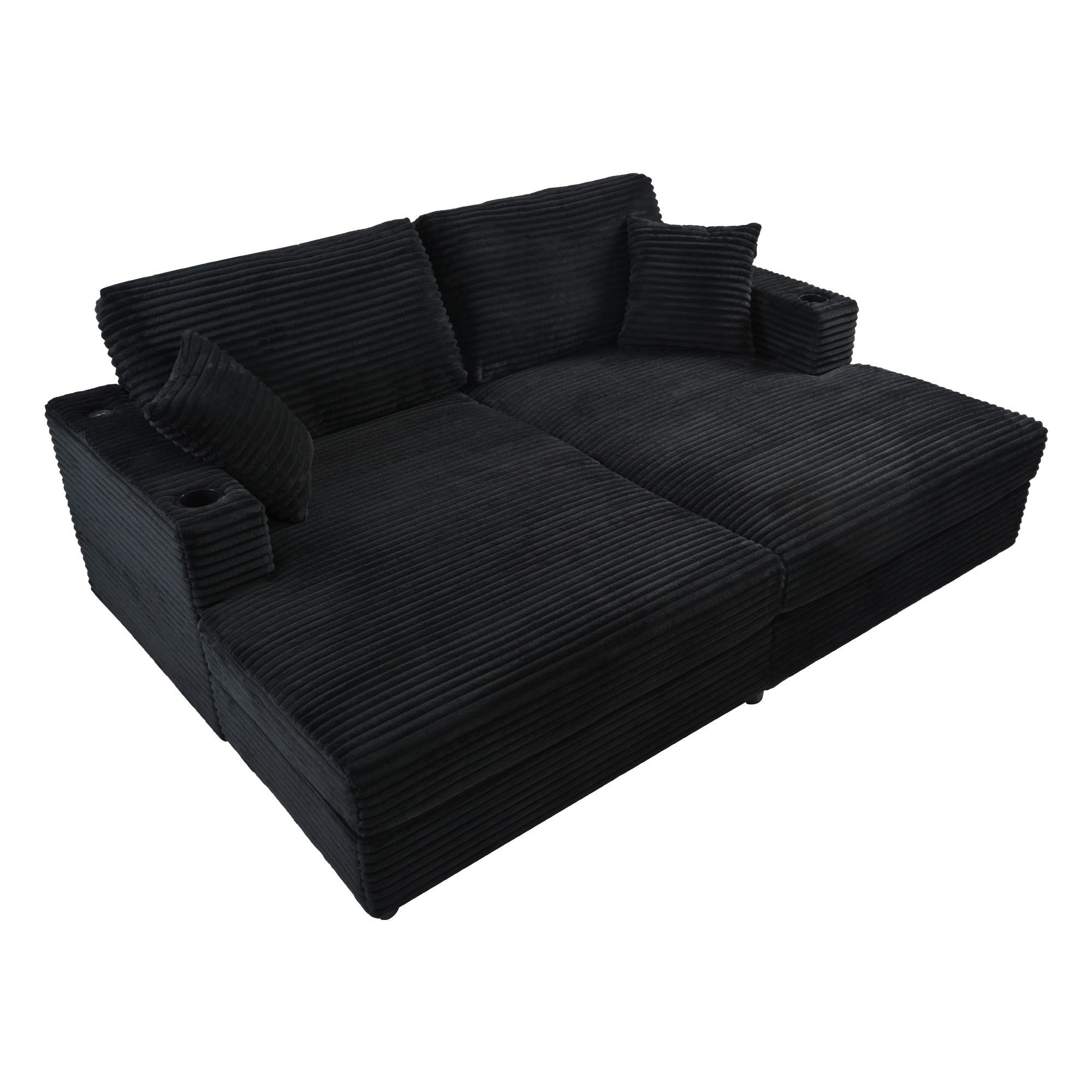 2-Seater Corduroy Chaise Lounge Sofa With Cup Holders