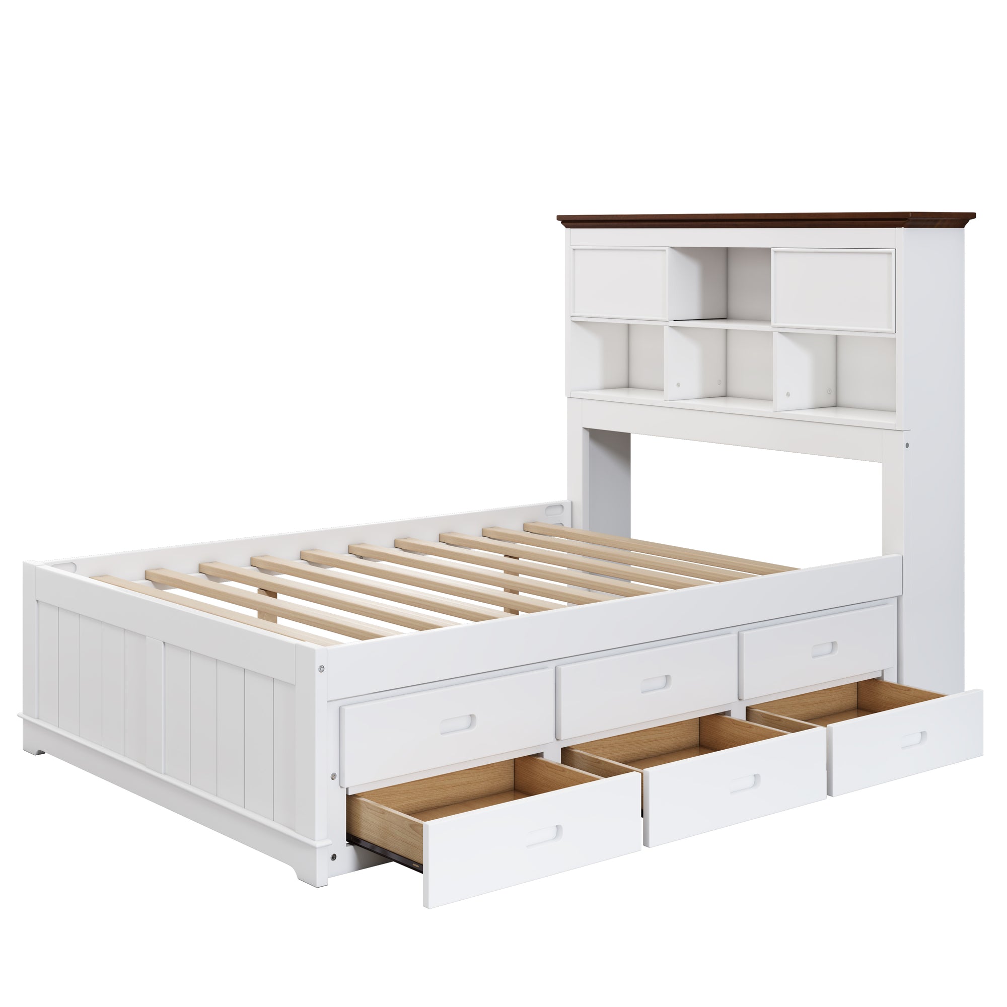 White & Walnut Full Size Bookcase Bed with Trundle and Storage