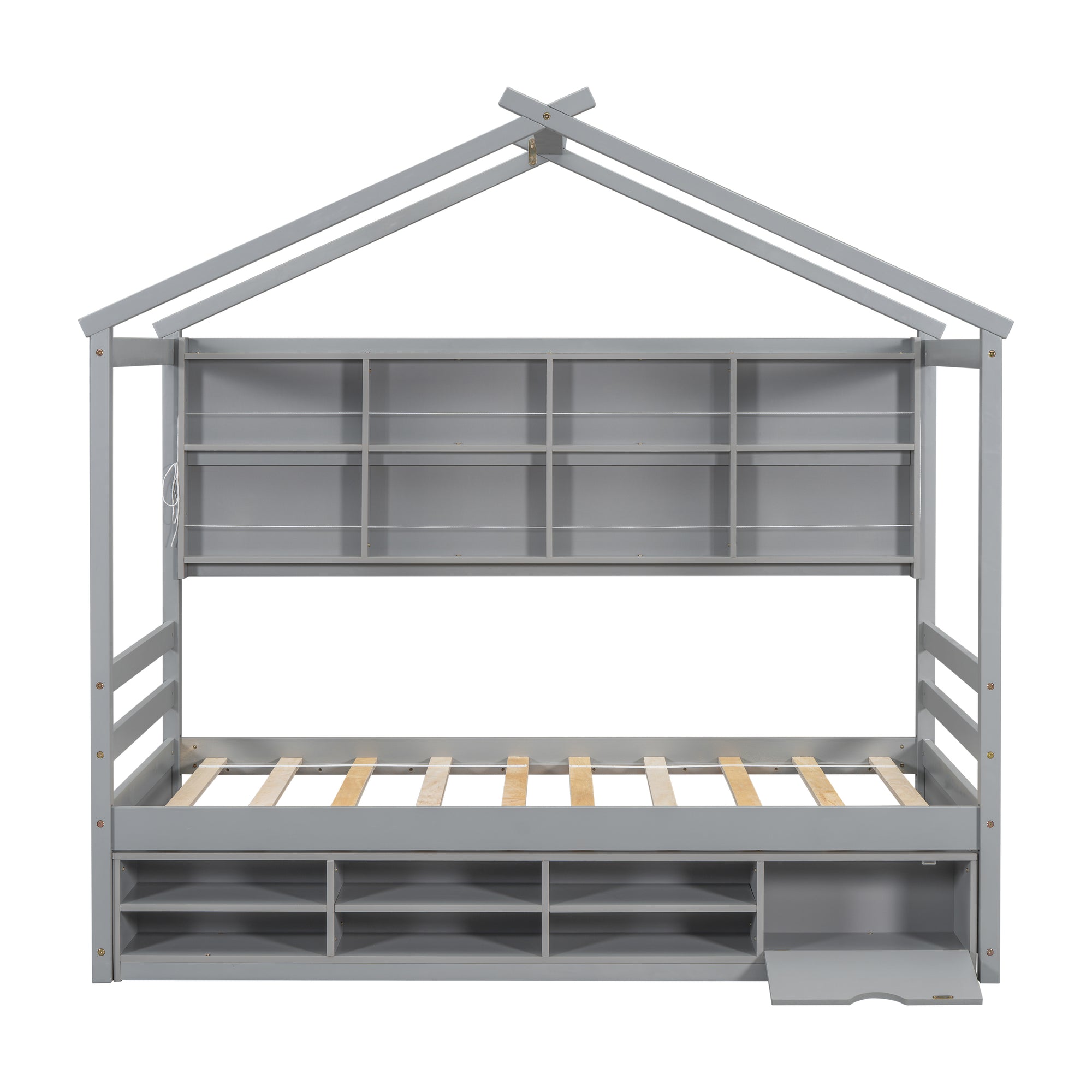 Gray Twin House Bed with Roof Frame, Bedside Shelves & Under-Bed Storage Unit