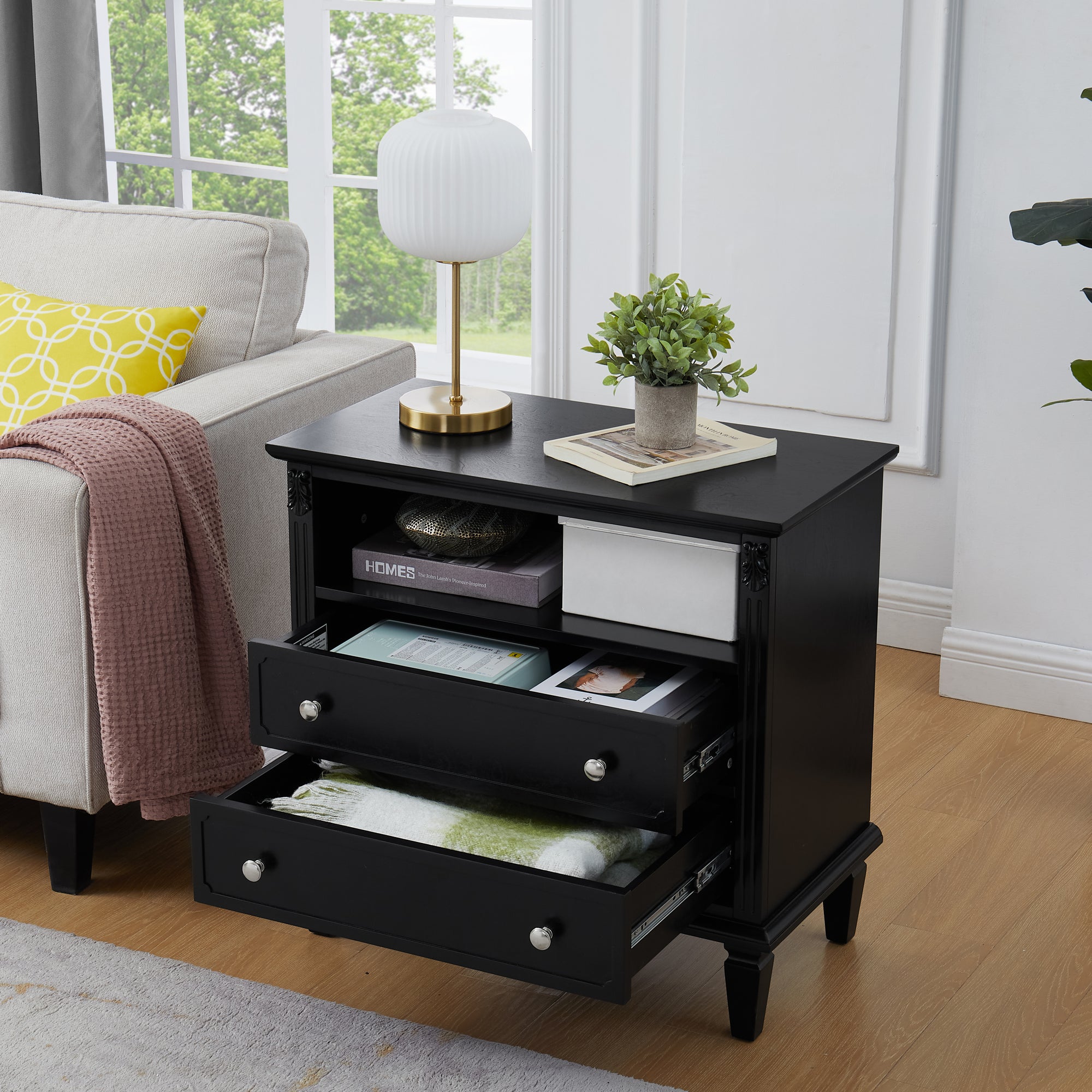 Open Space 2 Drawers Dresser Nightstand with Charging Station USB Ports Solid Wood Legs In Black