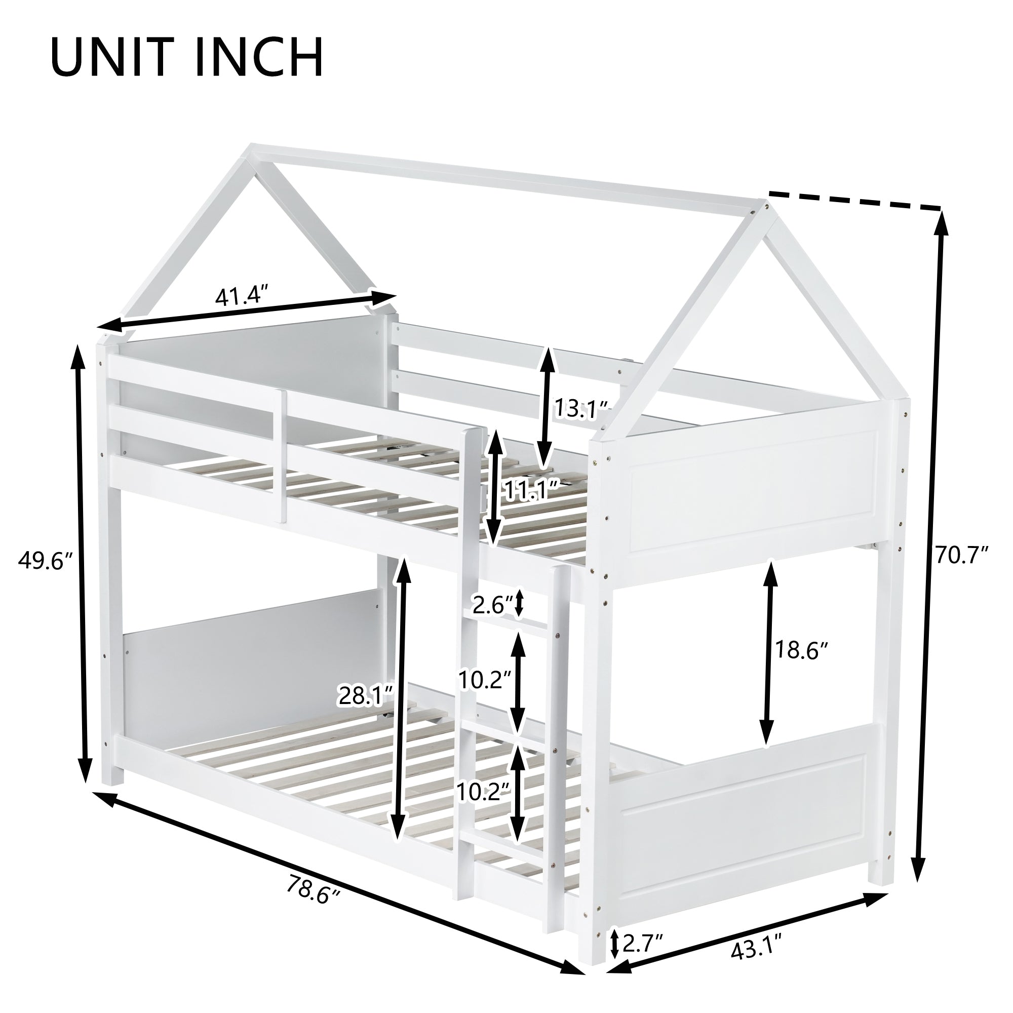 Twin Over Twin House Floor Bunk Bed with Guardrails and Ladder