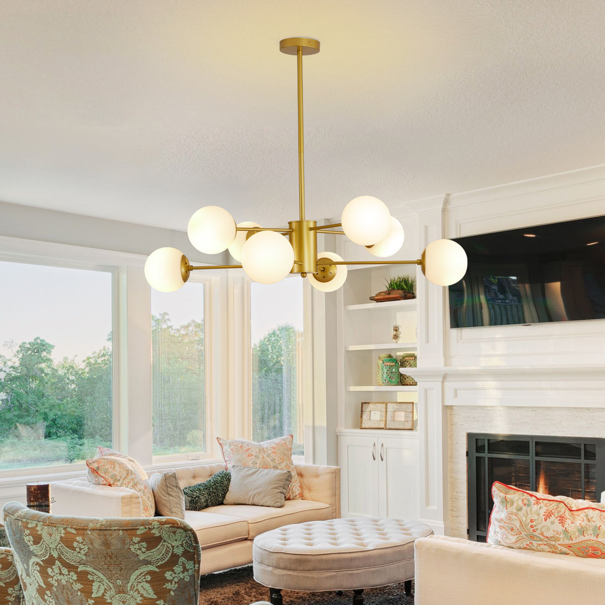 Modern 8-Light Gold Chandelier with White Glass Globe Shades