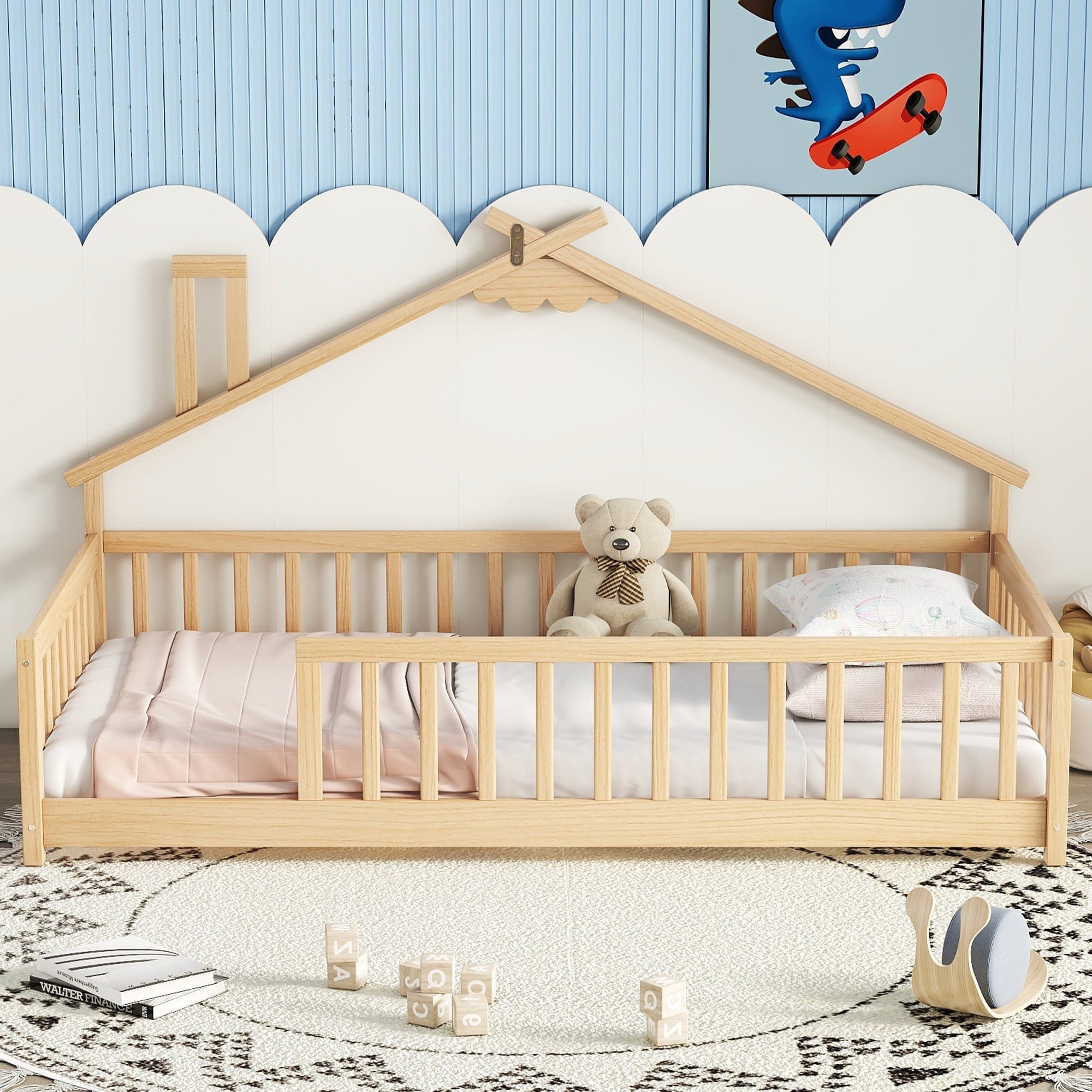 Twin House-Shaped Toddler Floor Bed with Guardrails and Fence in Natural Tones