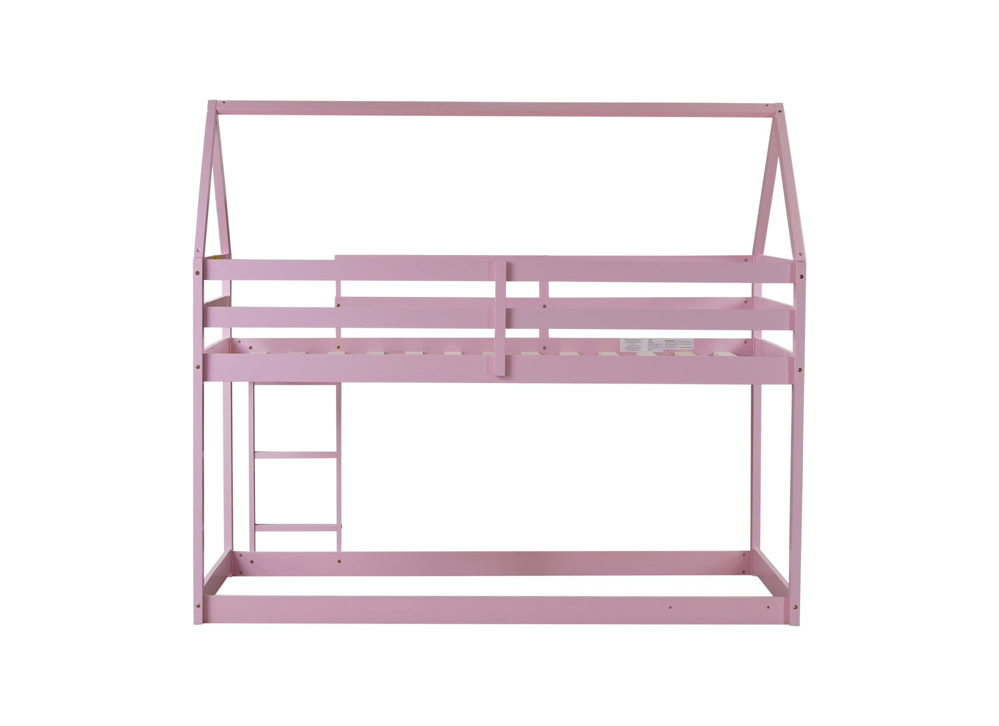 Twin Over Twin Pink House-Shaped Floor Bunk Bed with Ladder and Guardrails