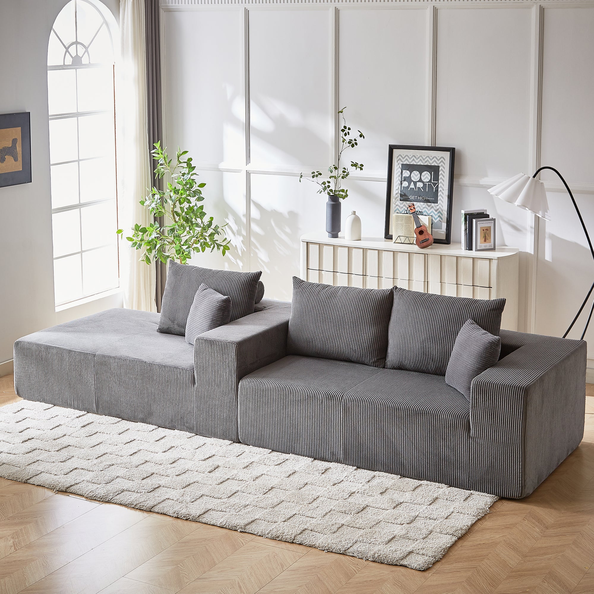 3-Seater Modular Corduroy Sofa In Gray Flexible Configuration