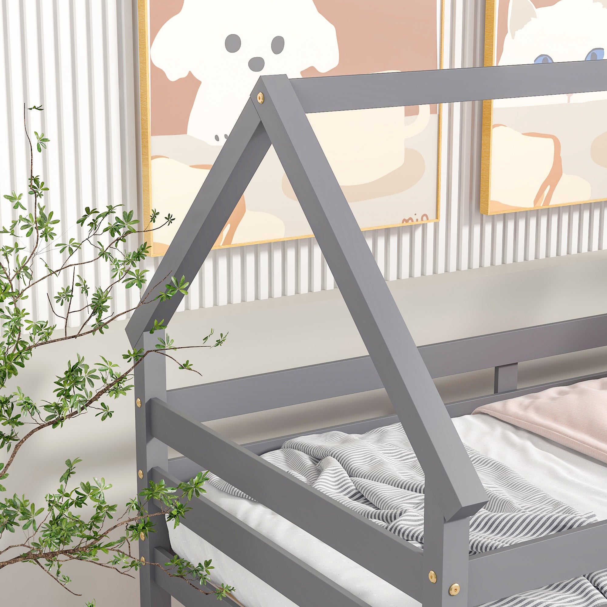 Twin over Twin Bunk Bed with Wood House Roof in Gray