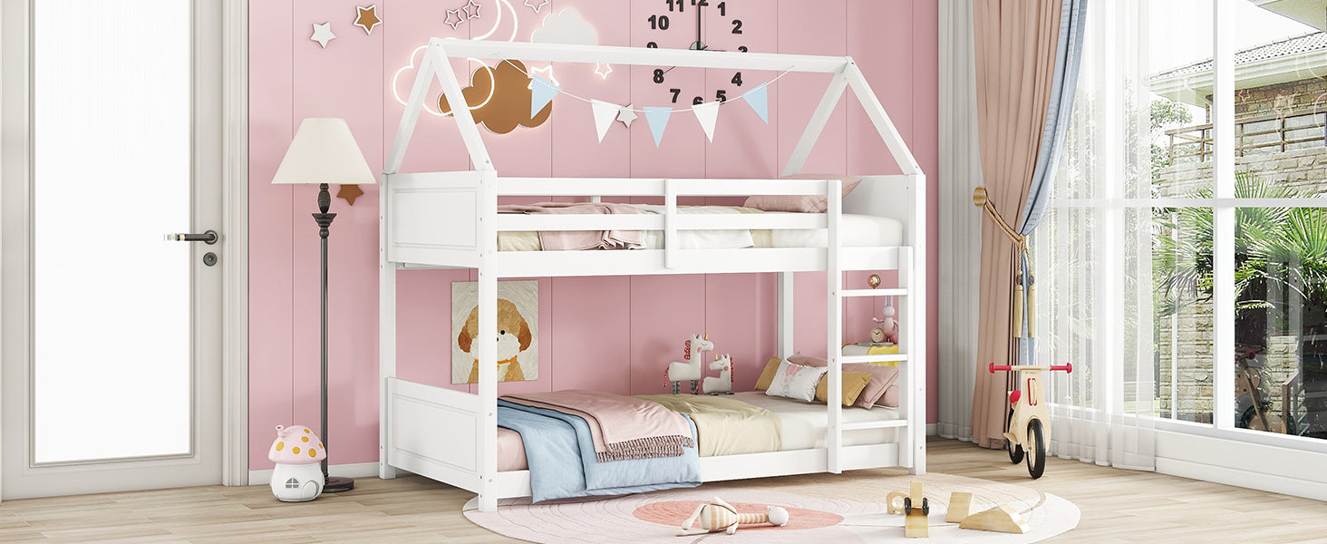 Twin Over Twin House Floor Bunk Bed with Guardrails and Ladder