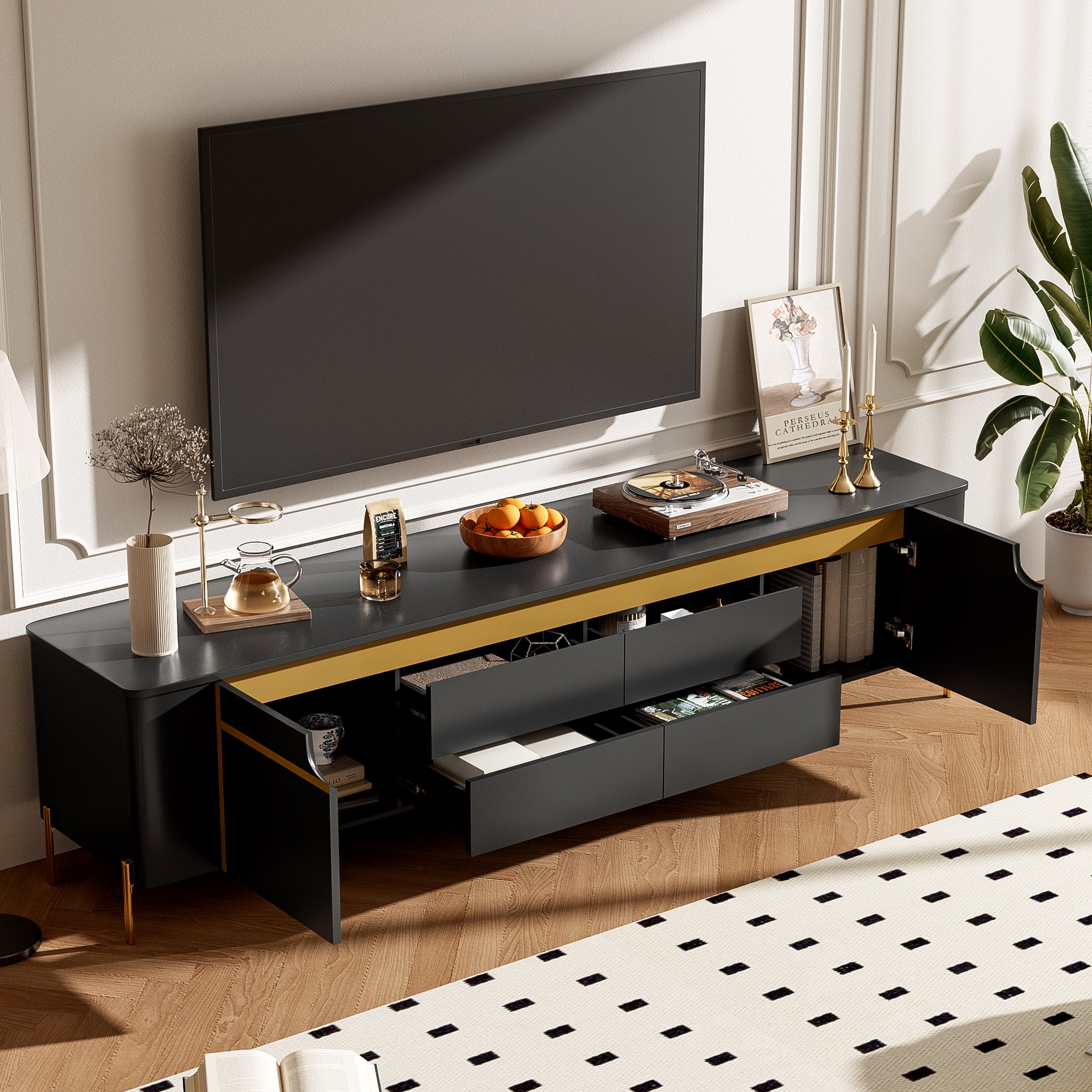 74.8'' TV Stand for TVs up to 80 Inches with 4 Drawers and 2 Cabinets In Black