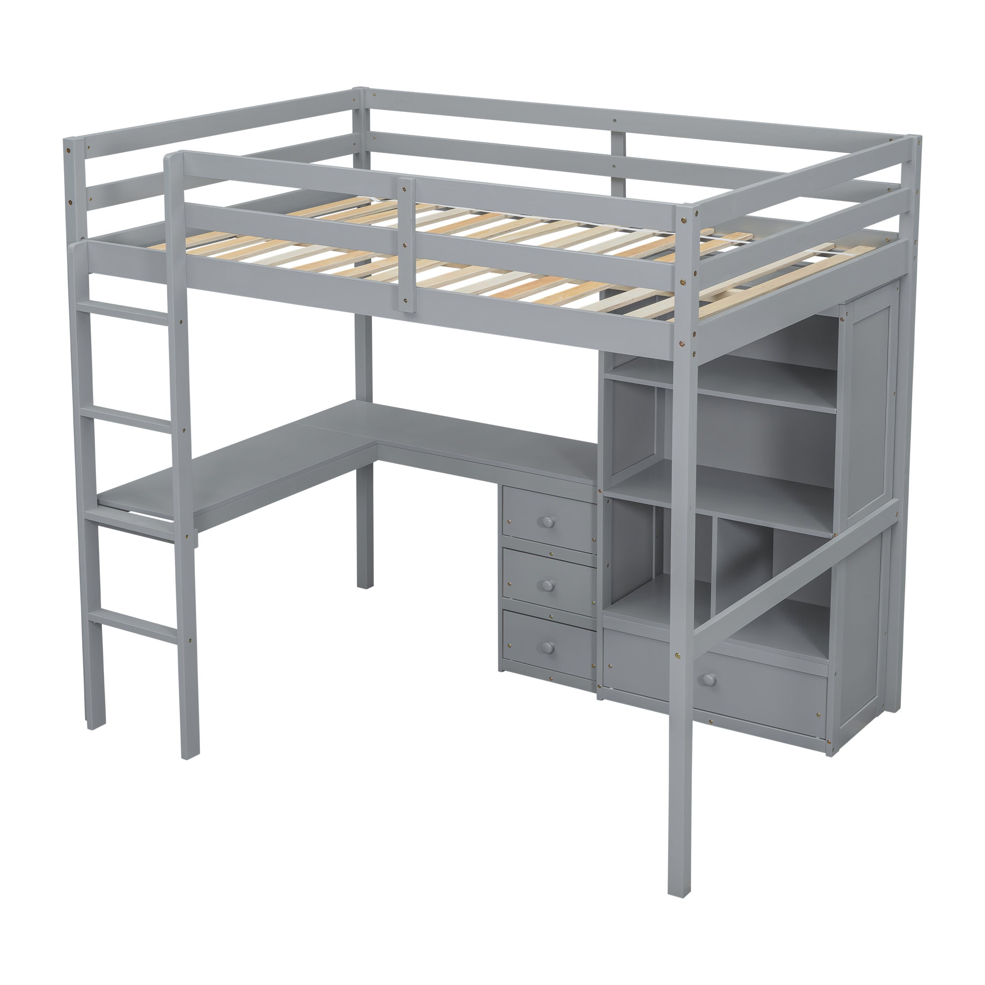 Gray Full Size High Loft Bed with Desk, Storage Shelves, and Drawers