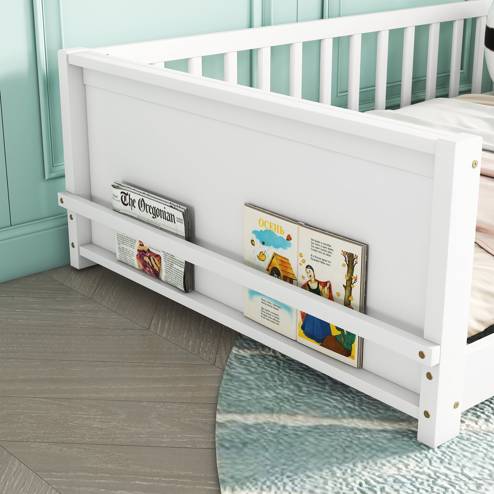 White Twin Toddler Floor Platform Bed with Built-in Book Storage Rack