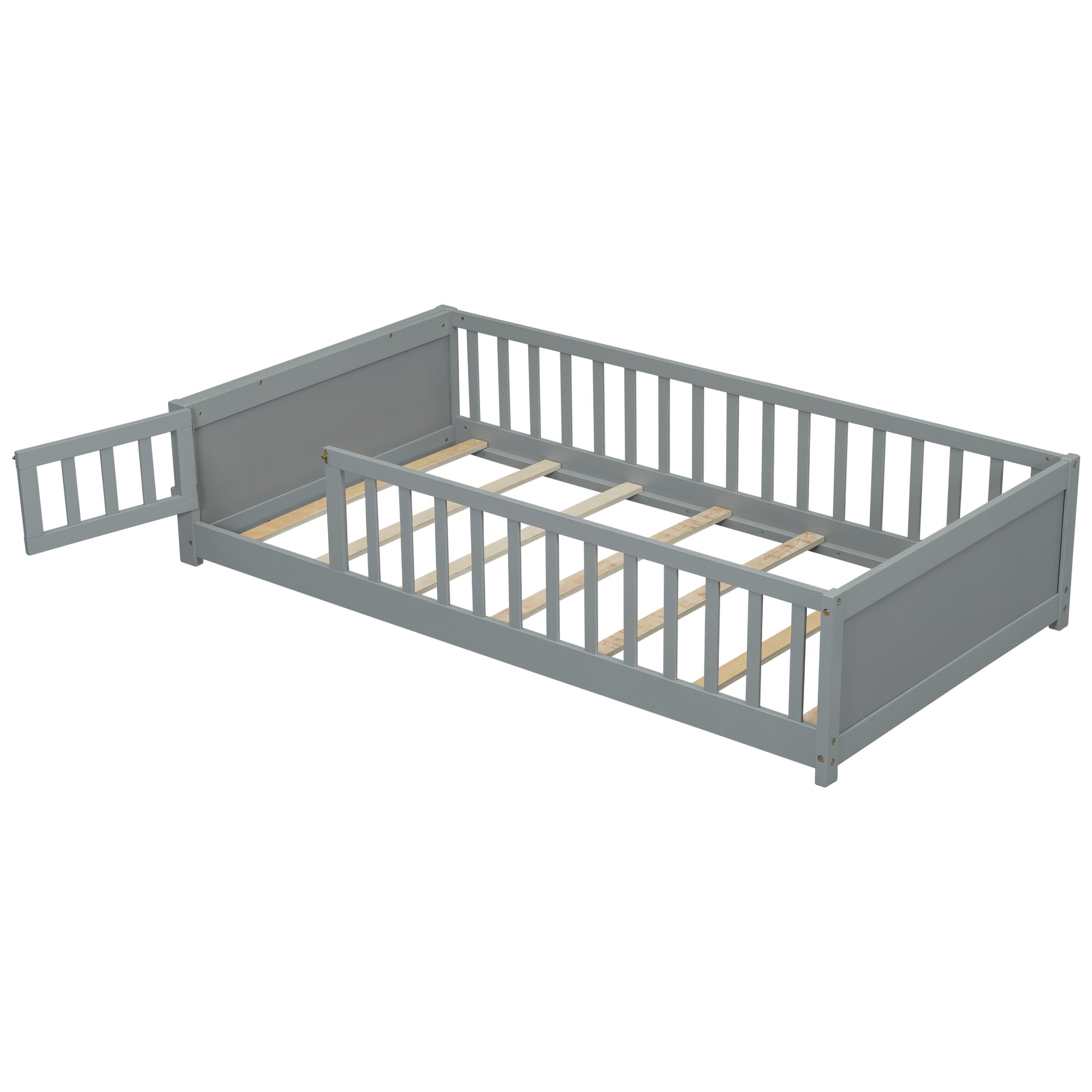 Gray Twin-Size Toddler Floor Platform Bed with Built-in Book Storage and Safety Guardrails