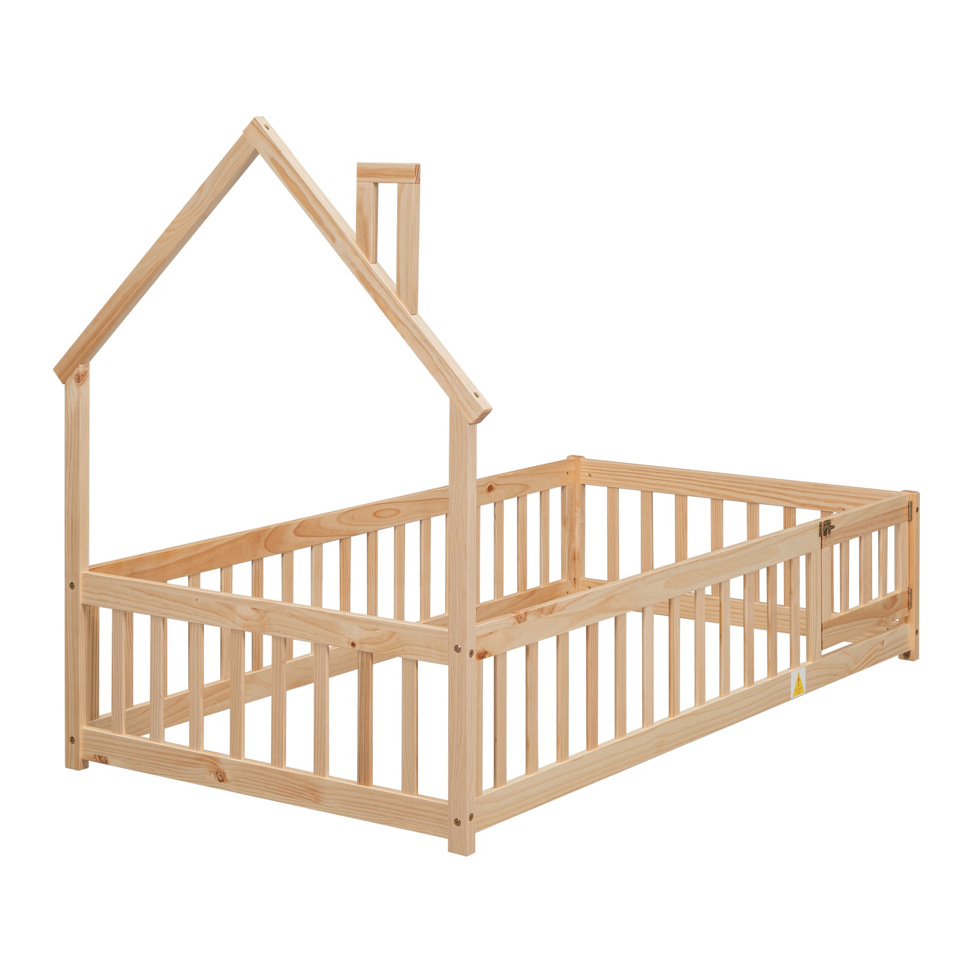 Natural Twin House-Shaped Headboard Toddler Floor Bed with Fence