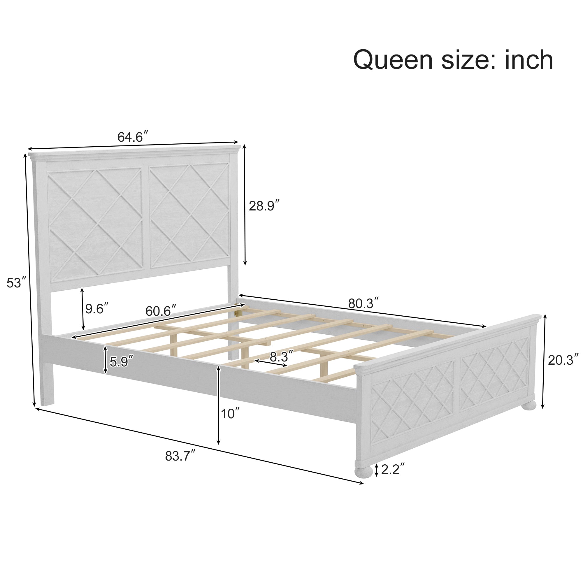 Antique White Queen Farmhouse Wooden Panel Bed Frame