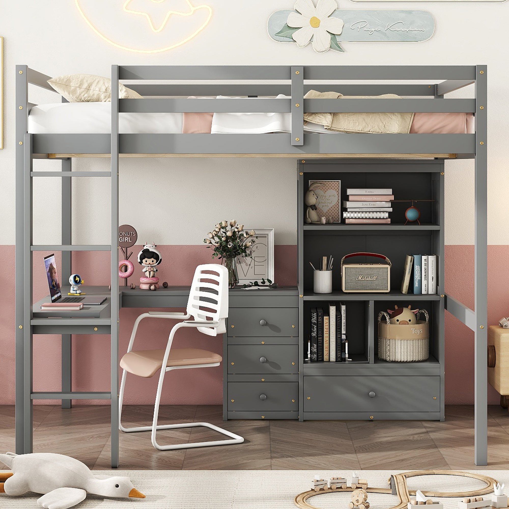 Gray Full Size High Loft Bed with Desk, Storage Shelves, and Drawers