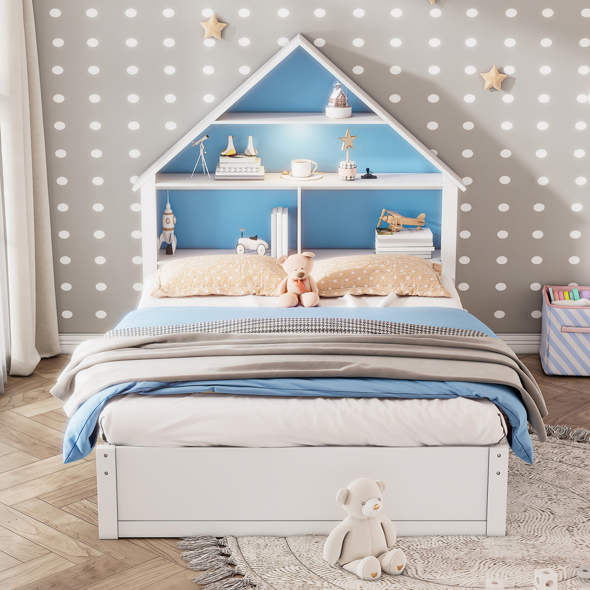 White & Blue Full House-Shaped Bed Frame with Trundle, Shelves, and LED Nightlight