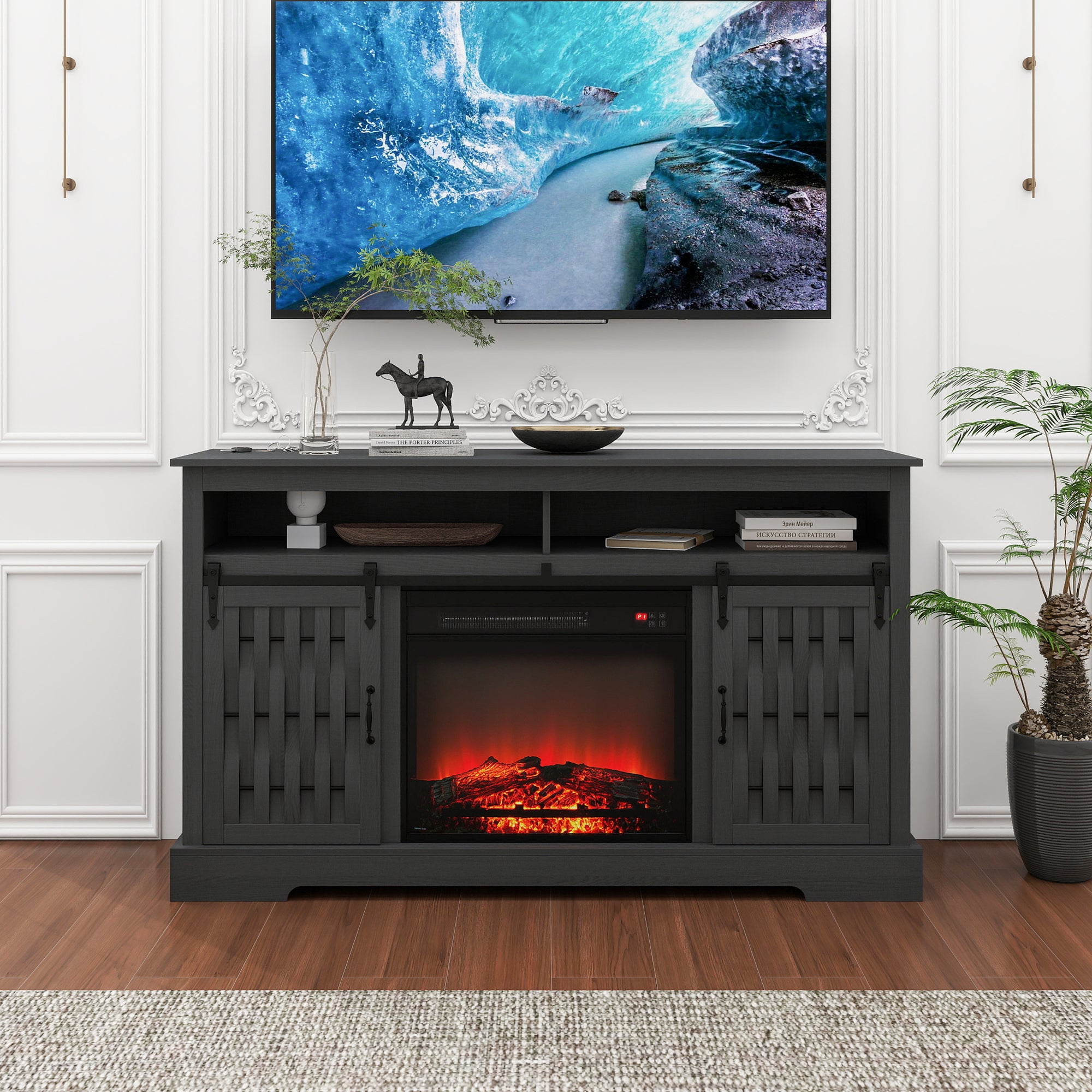 Fireplace TV Stand for TVs Up to 65 Inch with 23 Inch Electric Fireplace and Sliding Barn Door in Dark Gray