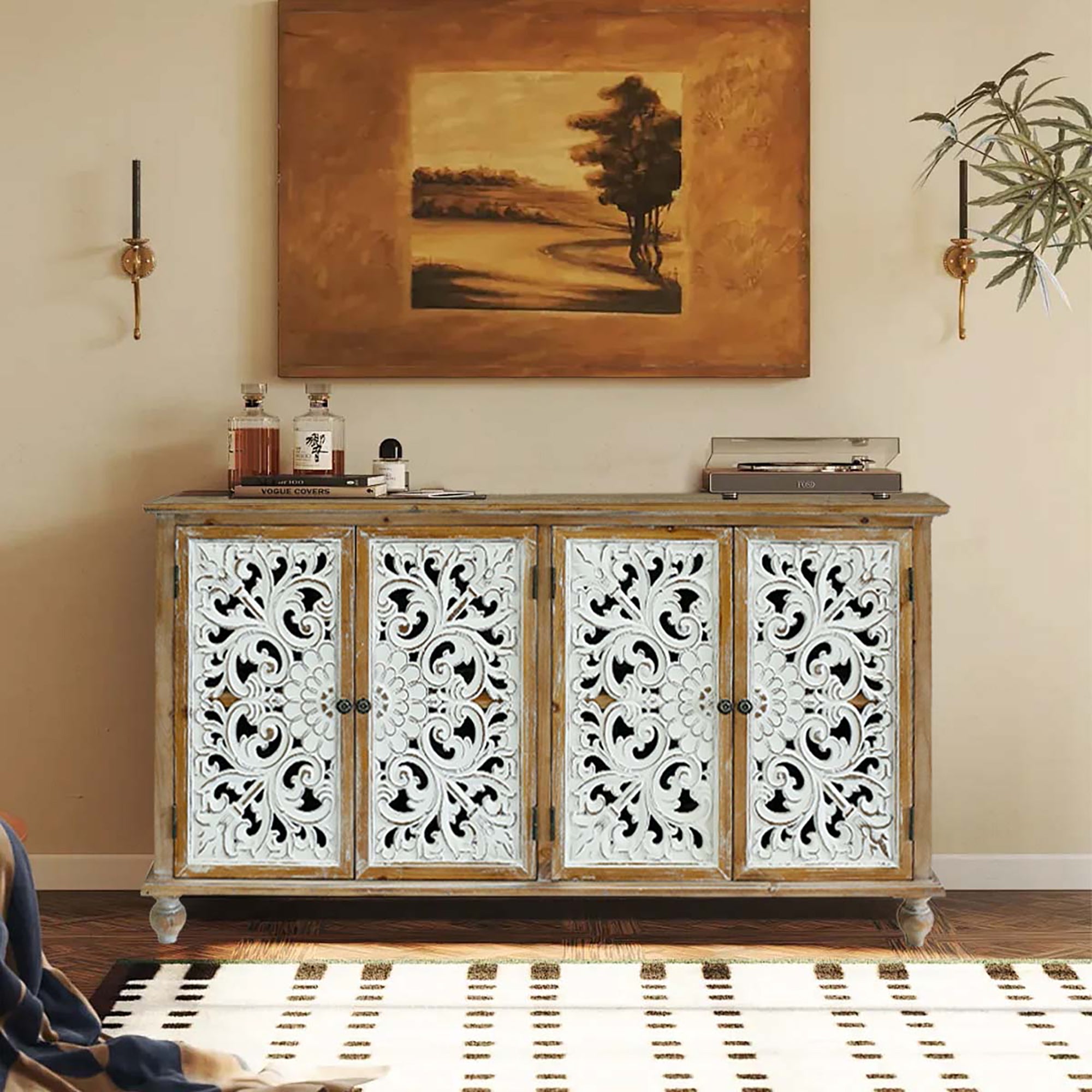 Farmhouse Accent Cabinet with 4 Doors and Storage, Wood Carved Floral Design for Living Room and Dining Room In Antique Natural