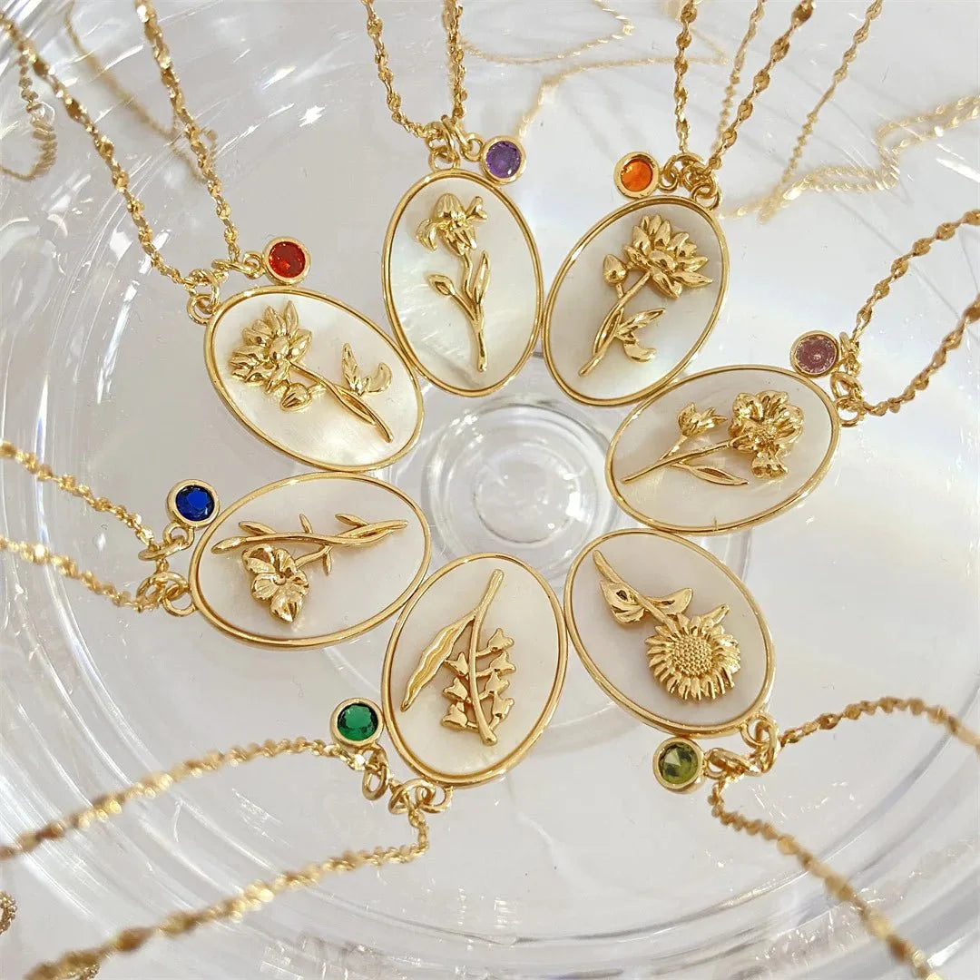 14k Dainty Floral Birthstone Pendant Necklace