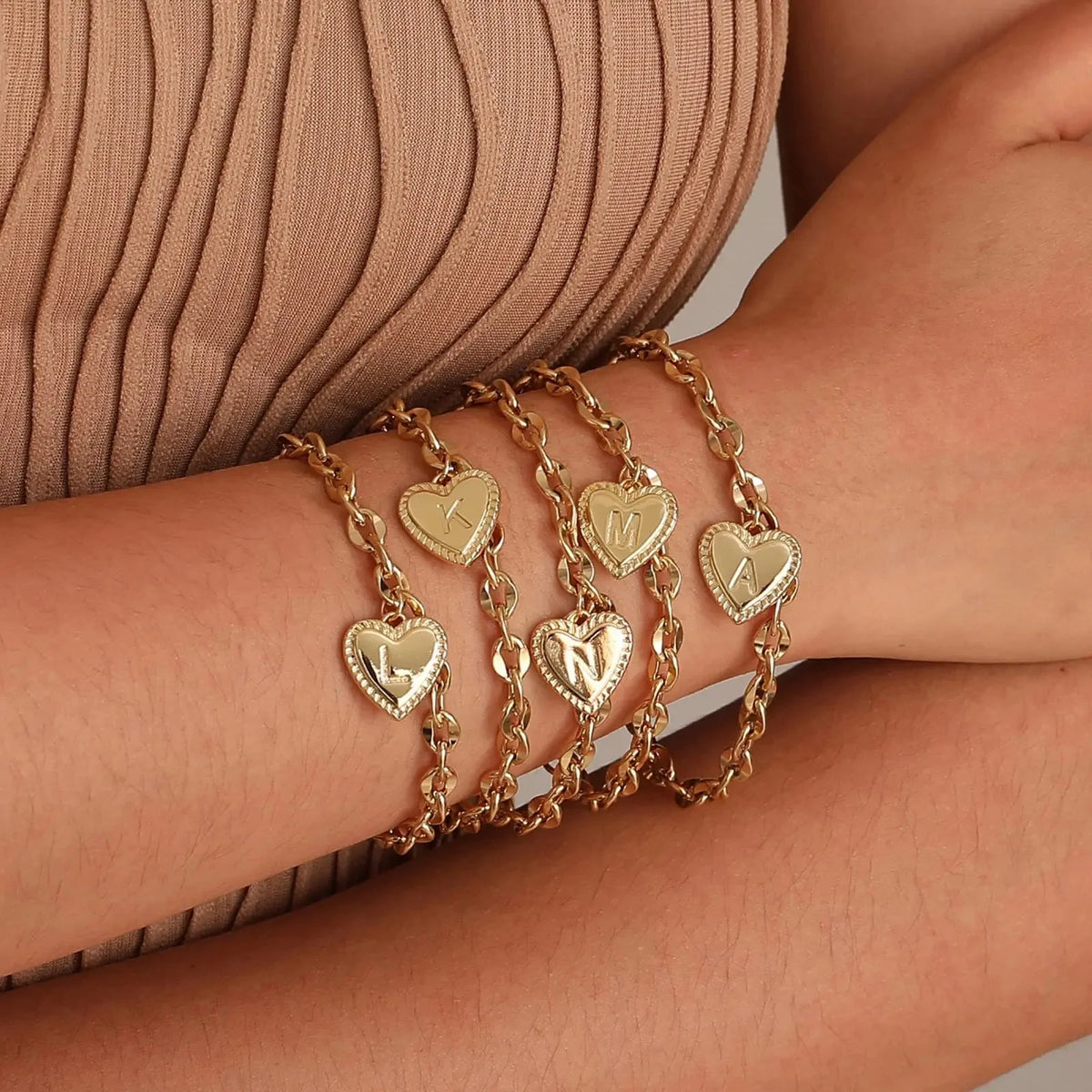 14k dainty heart engraved letter initial bracelet 107043