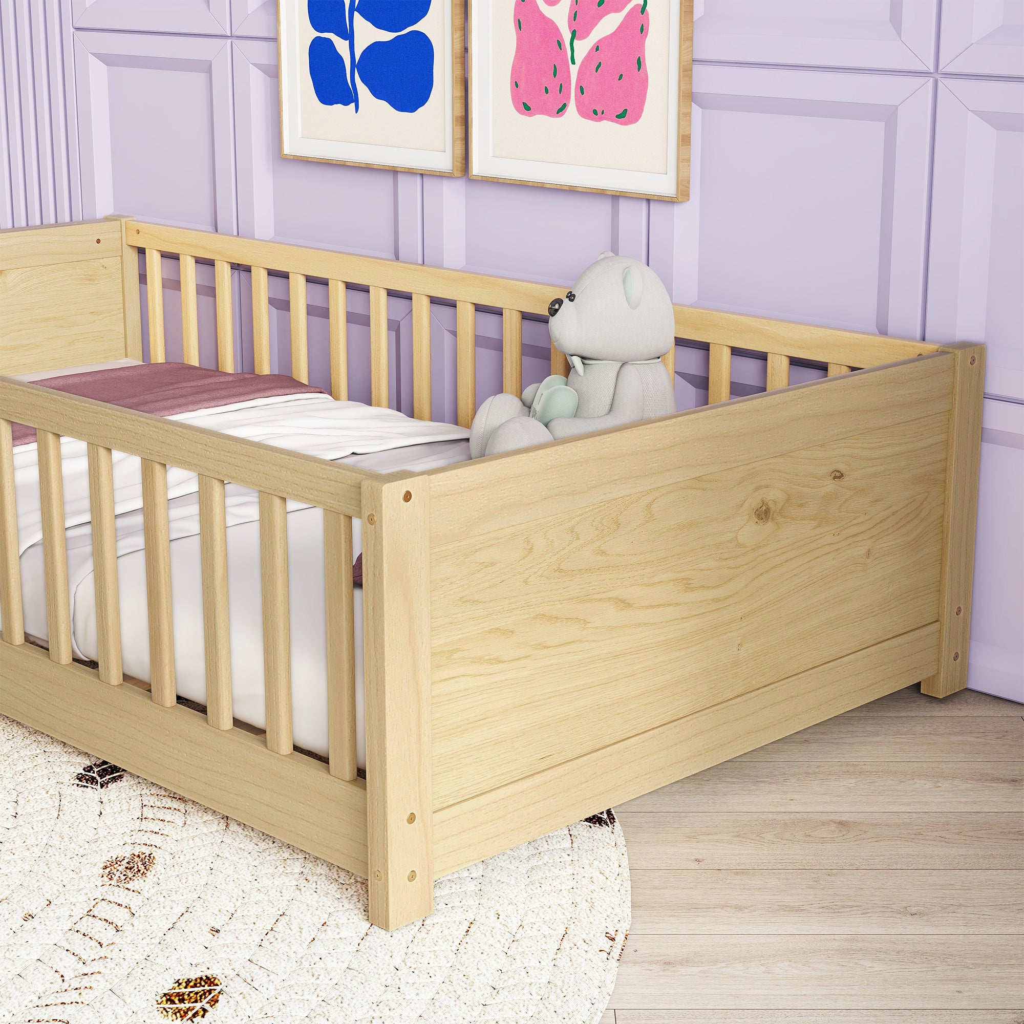 Natural Finish Twin Toddler Floor Bed with Built-in Book Storage Rack