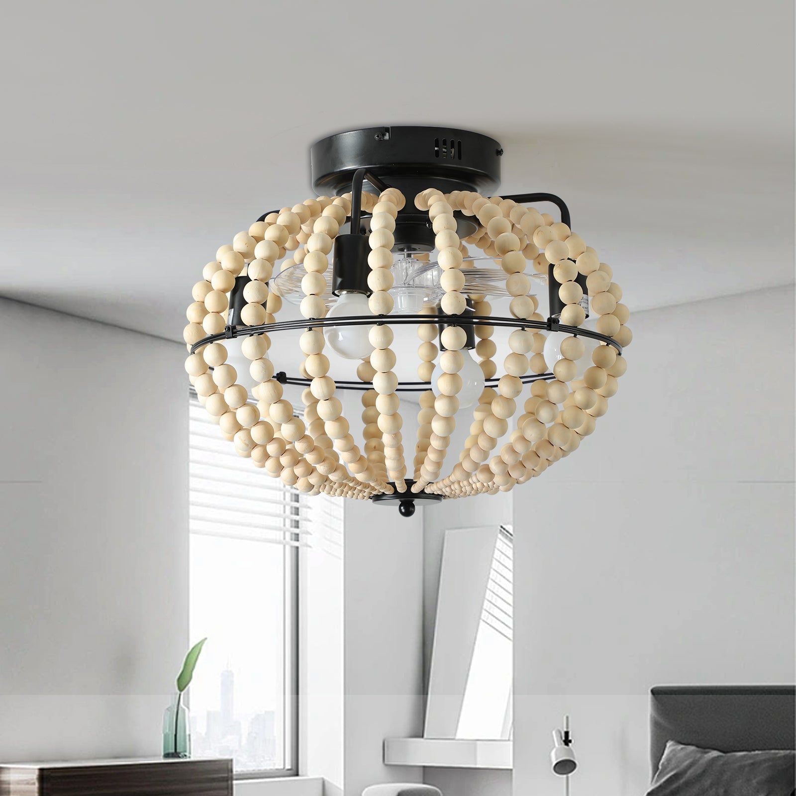 Beaded Fan Lamp Wood Beaded Chandelier in Oak White