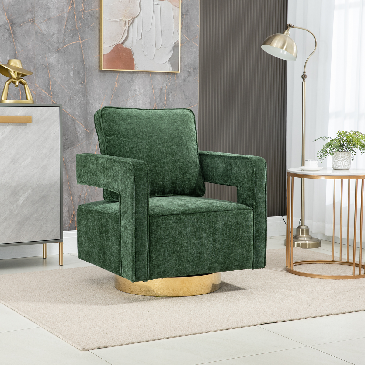 Open Back Chair Green Chenille Swivel Accent Chair With Gold Stainless Steel Base