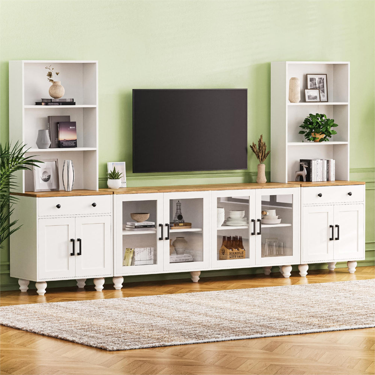 Farmhouse TV Stand with Solid Wood Legs for TVs Up to 70 Inch Adjustable Shelves and Glass Doors Media Console In White