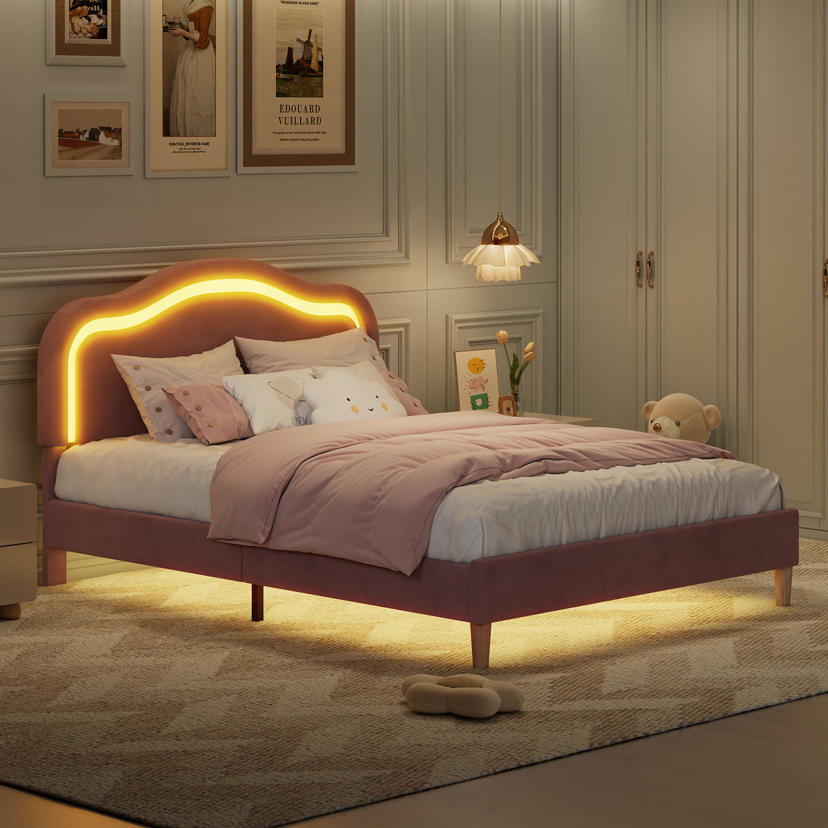 Pink Twin Velvet Upholstered Bed Frame with Adjustable LED Lights