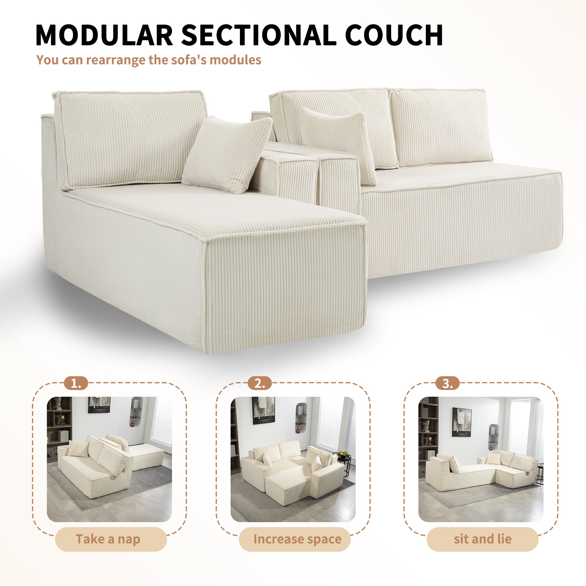 L-Shape Modular Sectional Sofa With Full-Foam Structure and Premium Corduroy Upholstery for Flexible Living Spaces In Beige